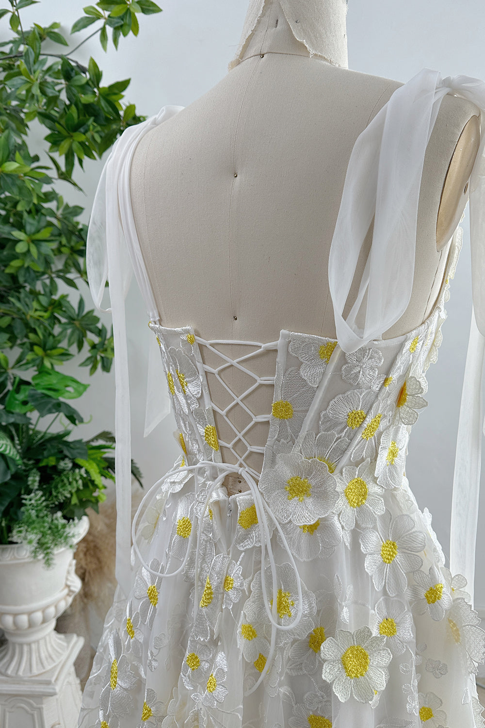 Scoop Neck 3D Floral Dress with Tie Straps
