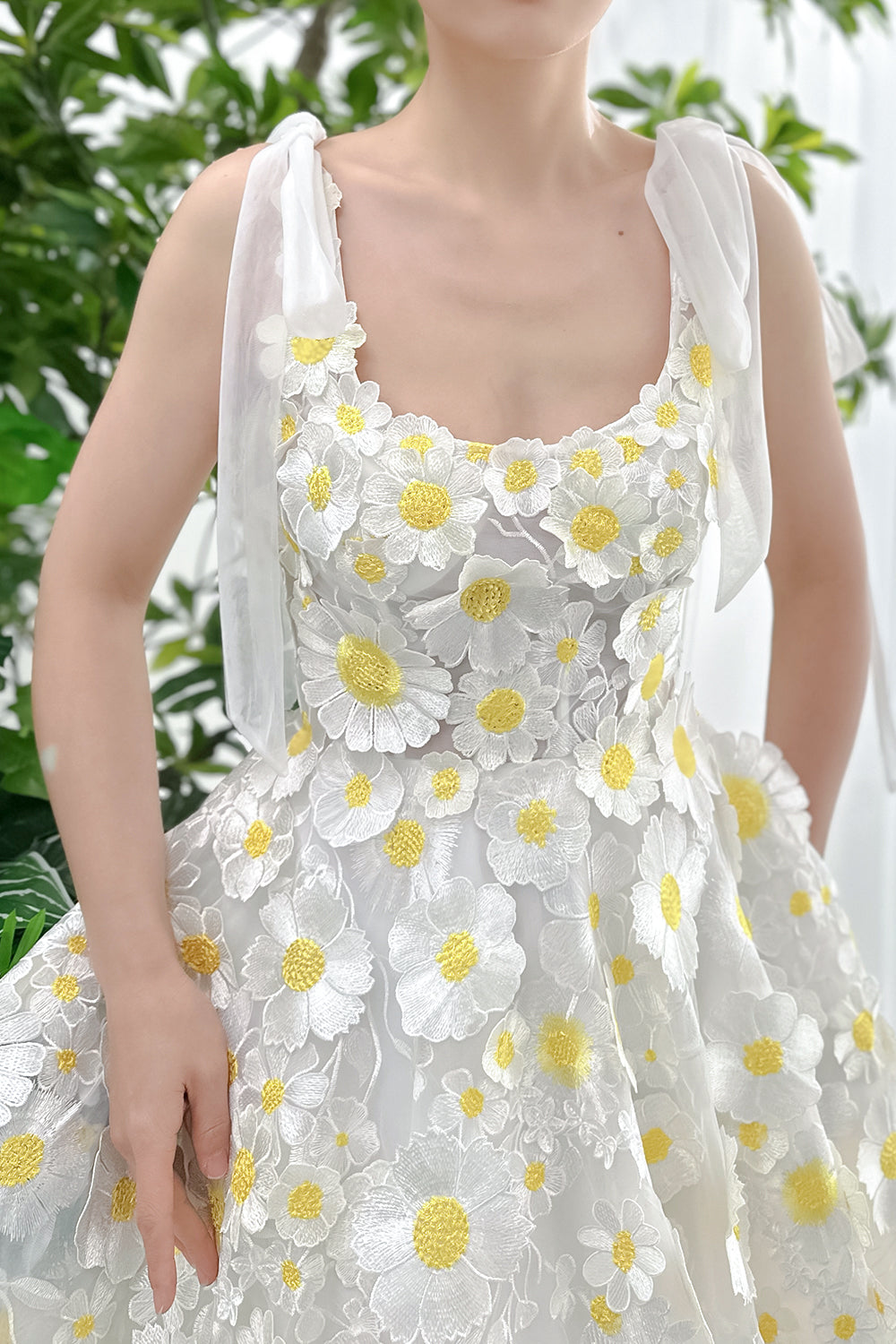 Scoop Neck 3D Floral Dress with Tie Straps