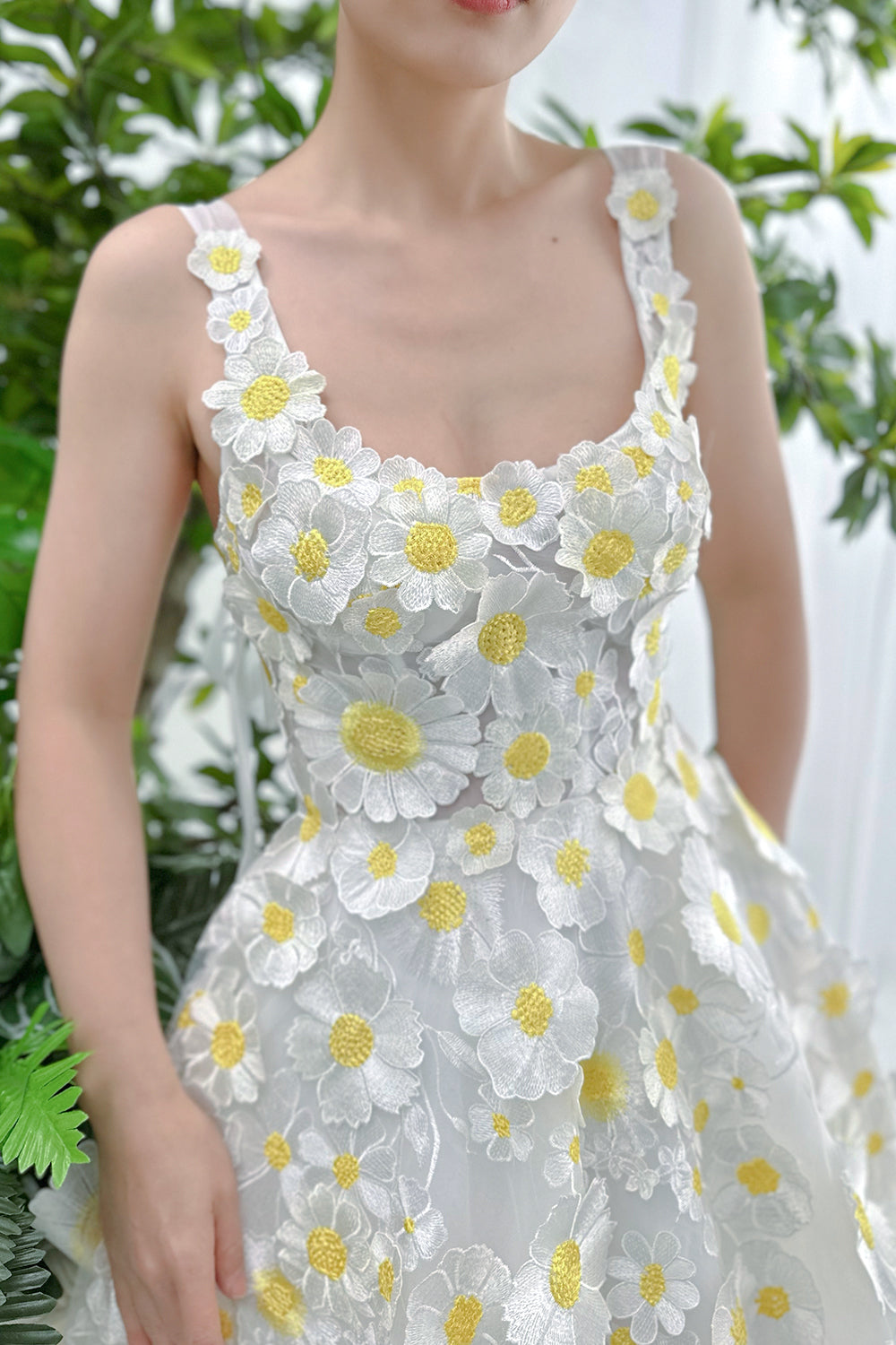 Scoop Neck 3D Floral Dress with Tie Straps