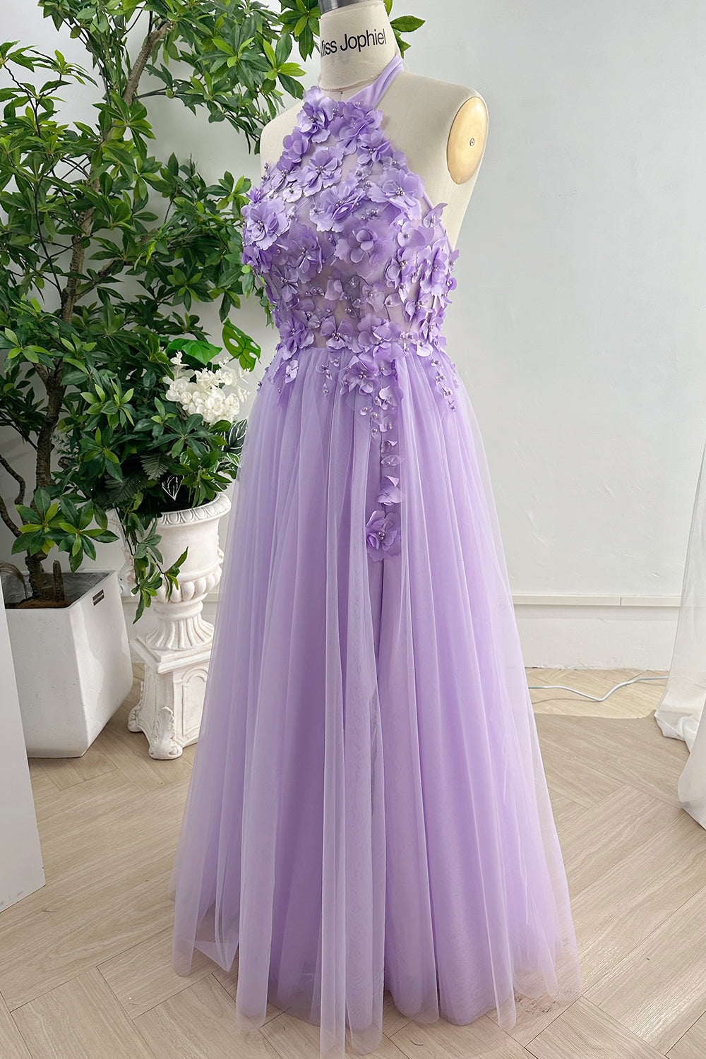 Halter 3D Floral Lavender Midi Dress with Slit