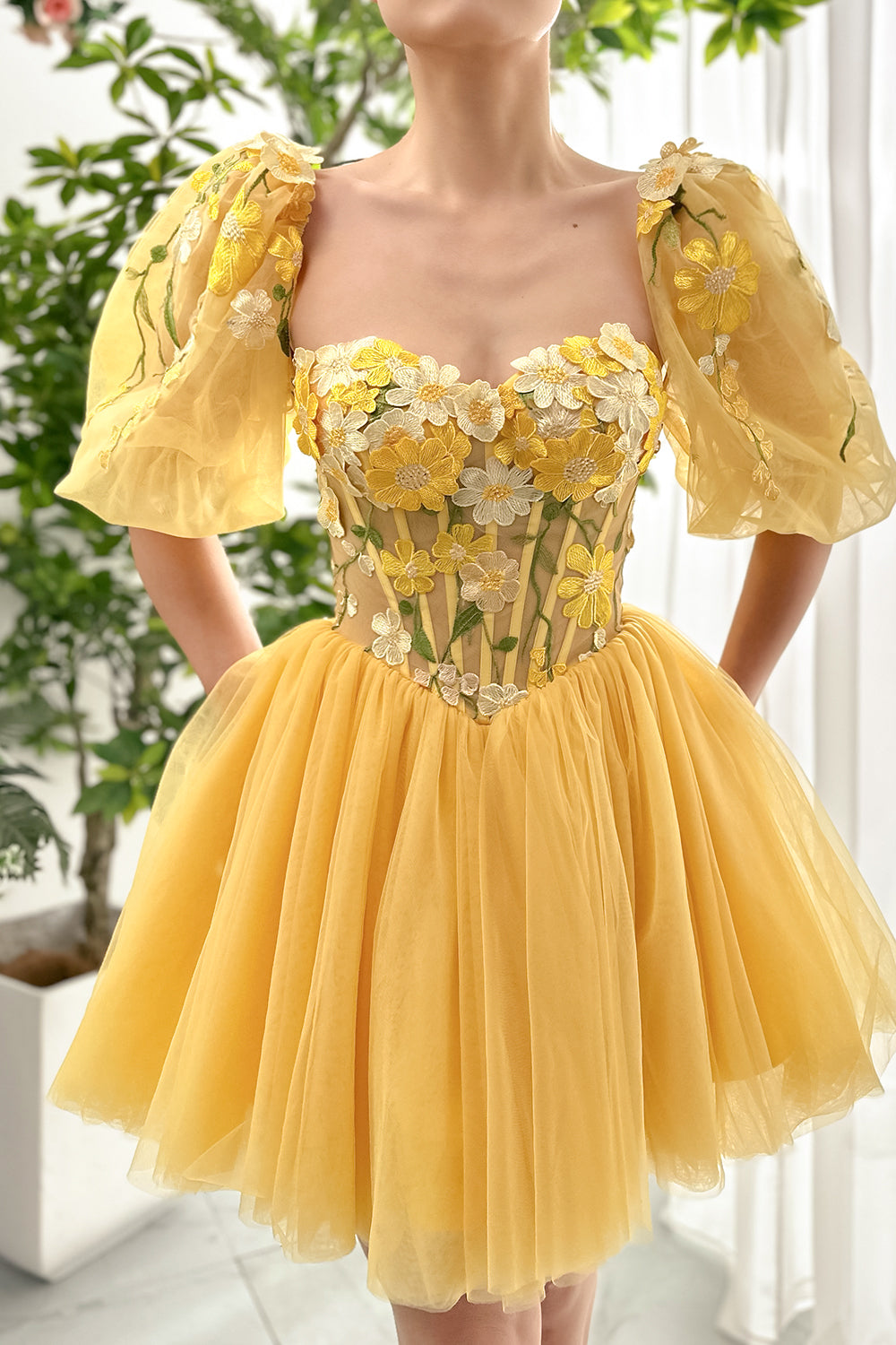 MissJophiel Corset 3D Floral Dress with Removable Puff Sleeves White Floral / Tea Length / US6 MissJophiel Corset 3D Floral Dress with Removable Puff Sleeves White Floral / Tea Length / US6