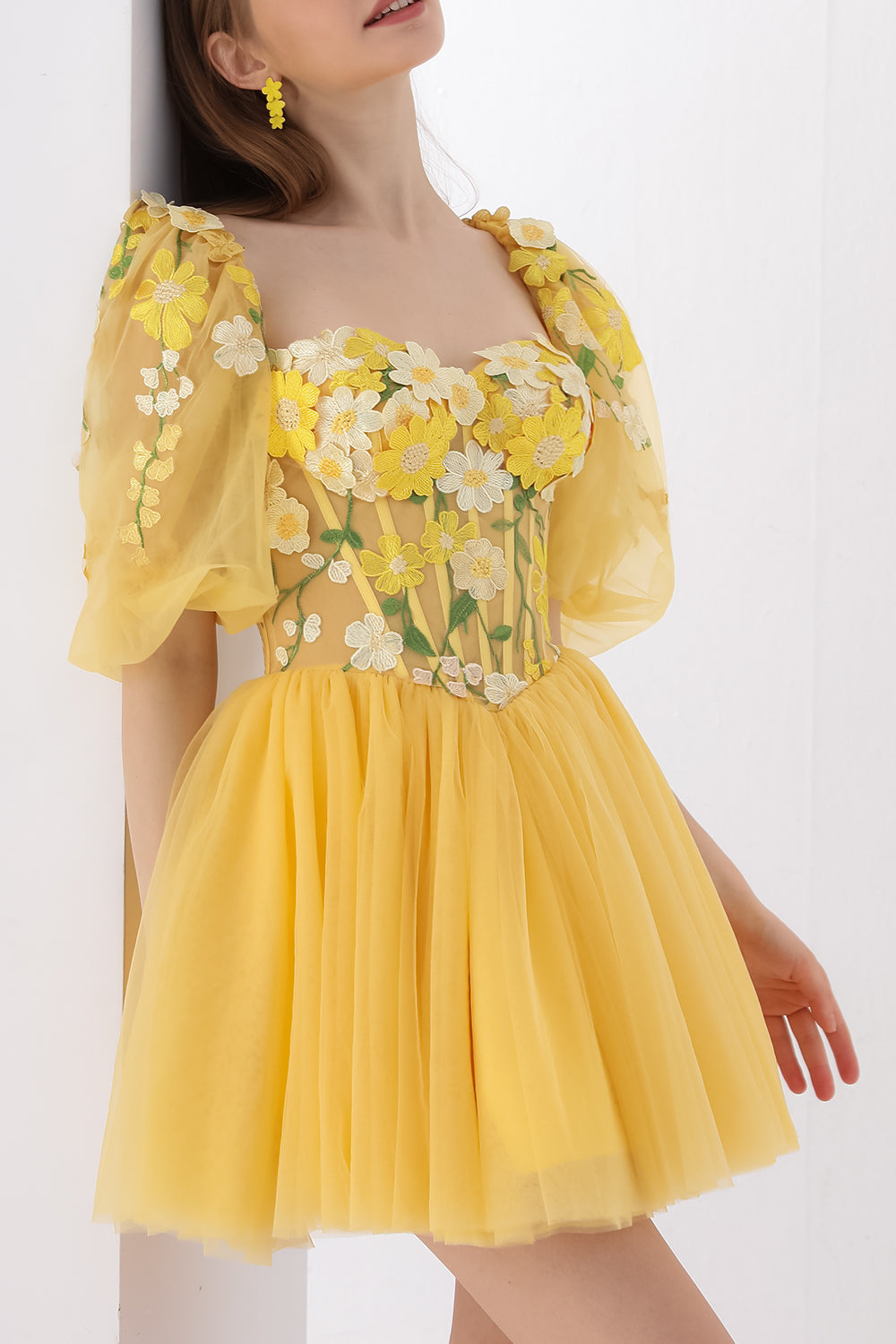 MissJophiel Corset 3D Floral Dress with Removable Puff Sleeves