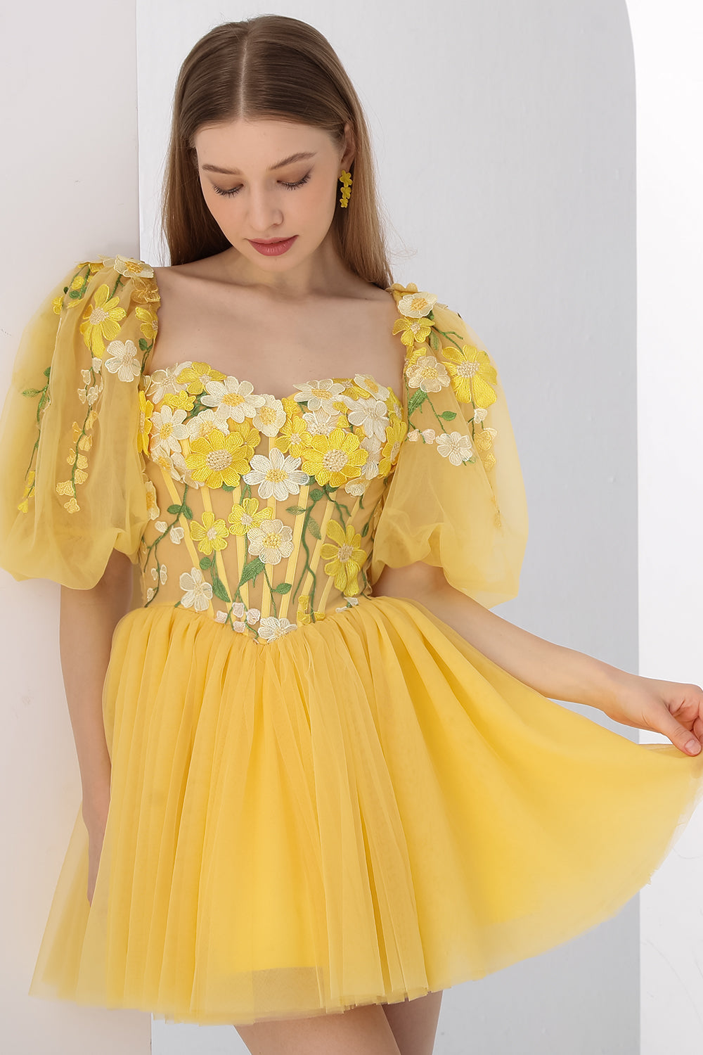 MissJophiel Corset 3D Floral Dress with Removable Puff Sleeves