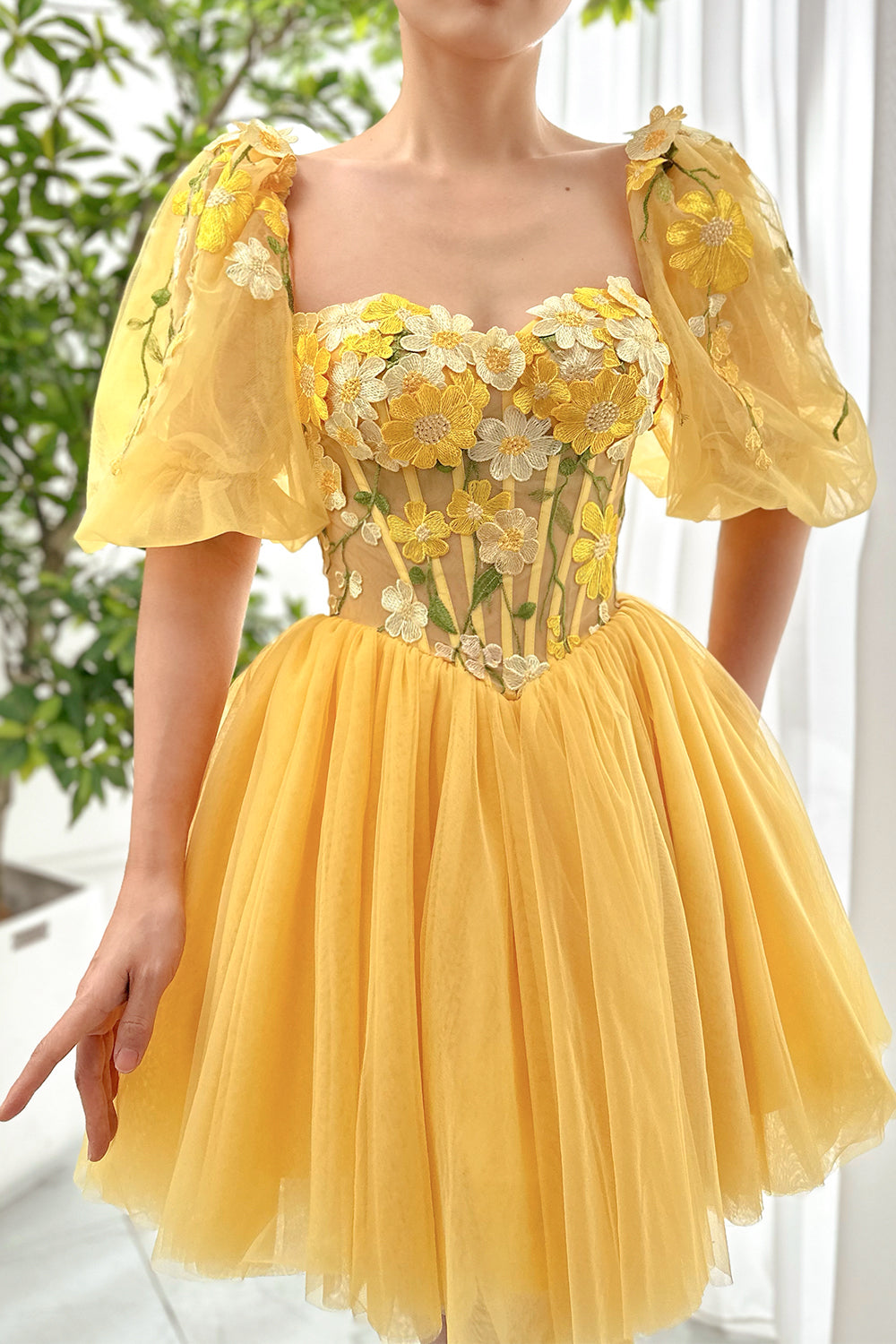 Corset 3D Floral Dress with Removable Puff Sleeves