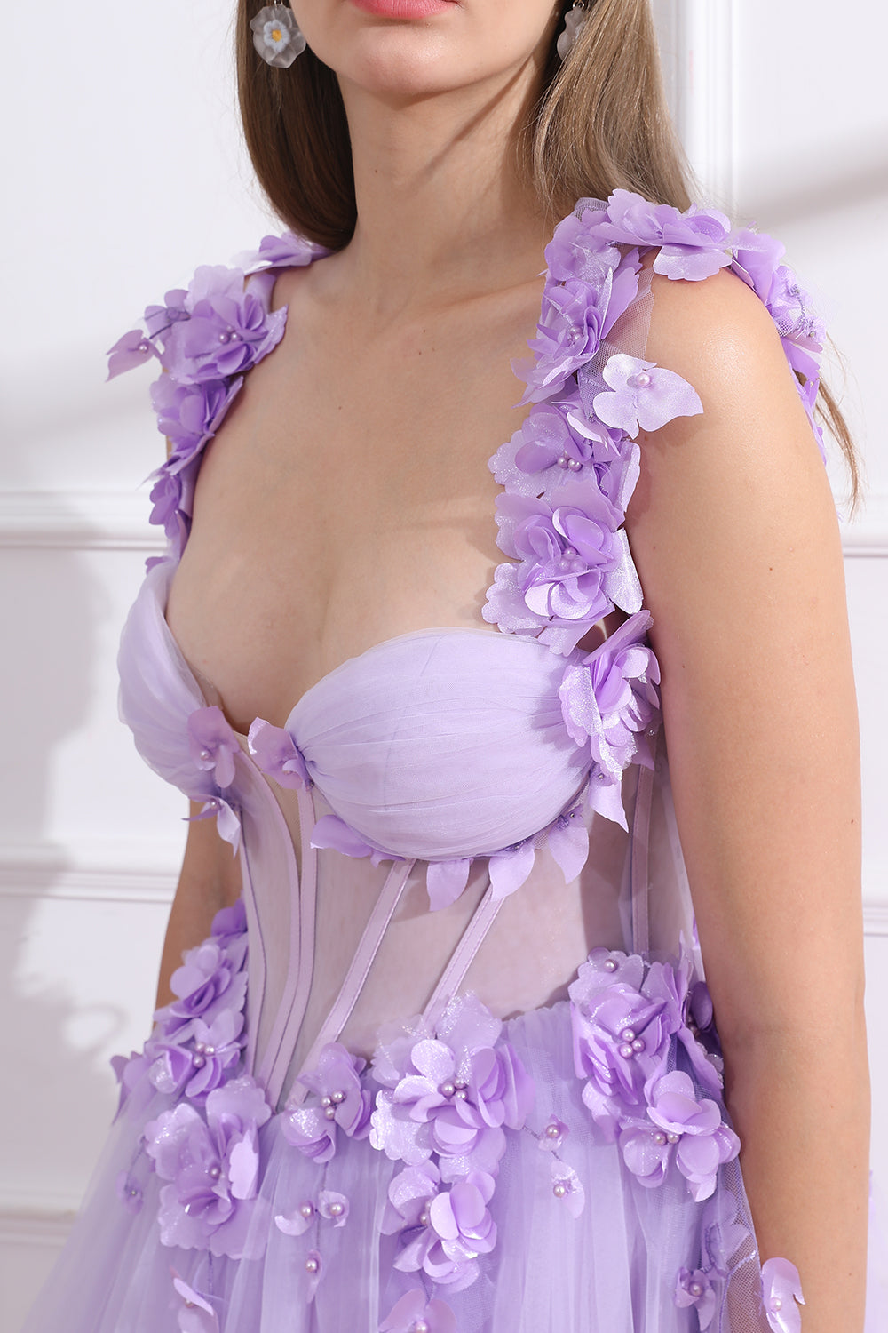 Corset 3D Floral Lavender Dress with Removable Off Shoulders