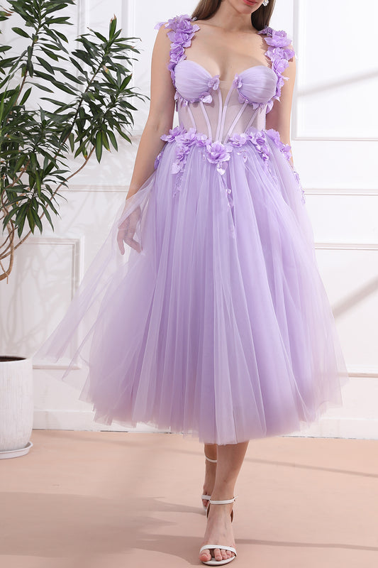 Corset 3D Floral Lavender Dress with Removable Off Shoulders