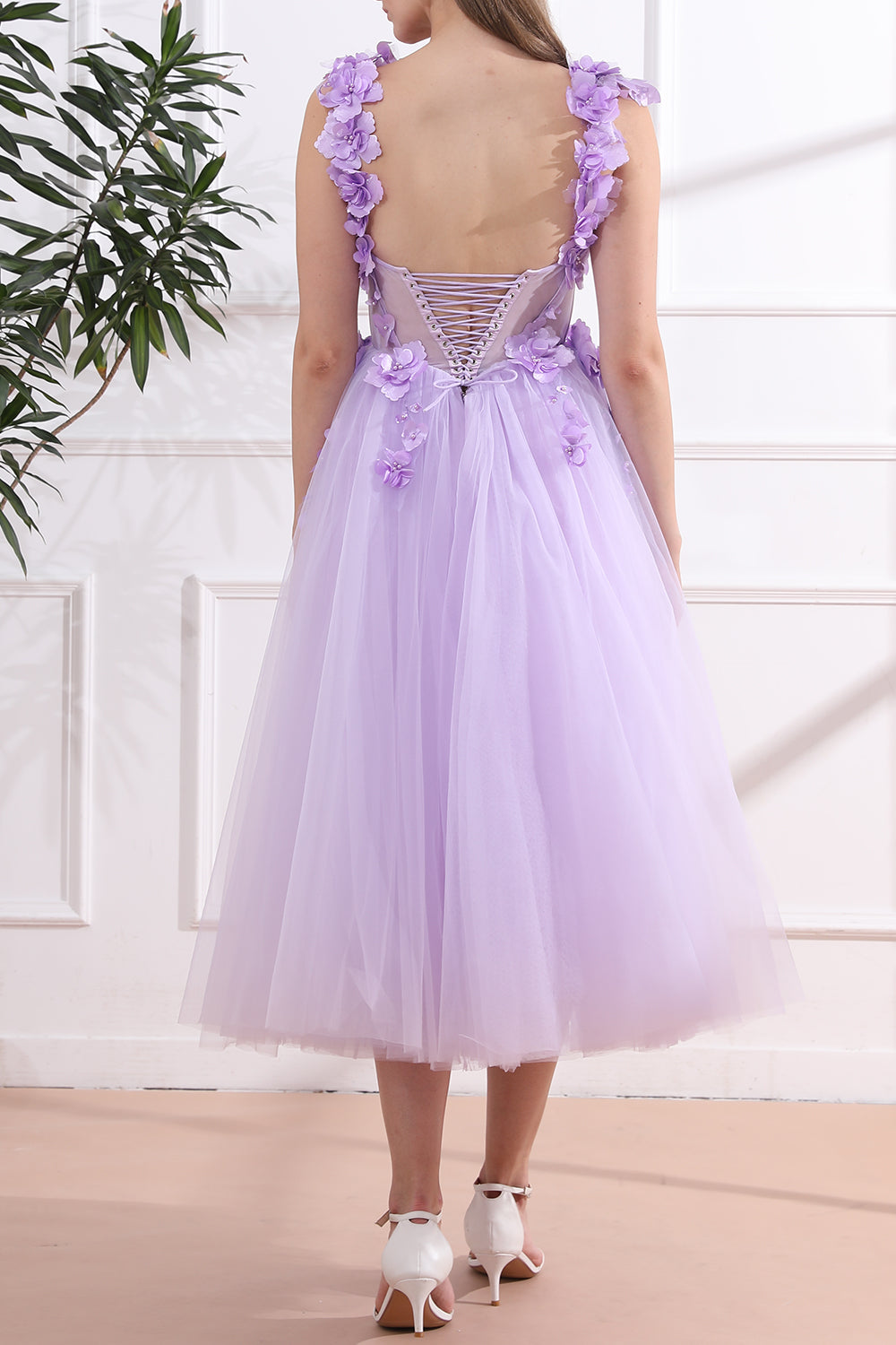 Corset 3D Floral Lavender Dress with Removable Off Shoulders