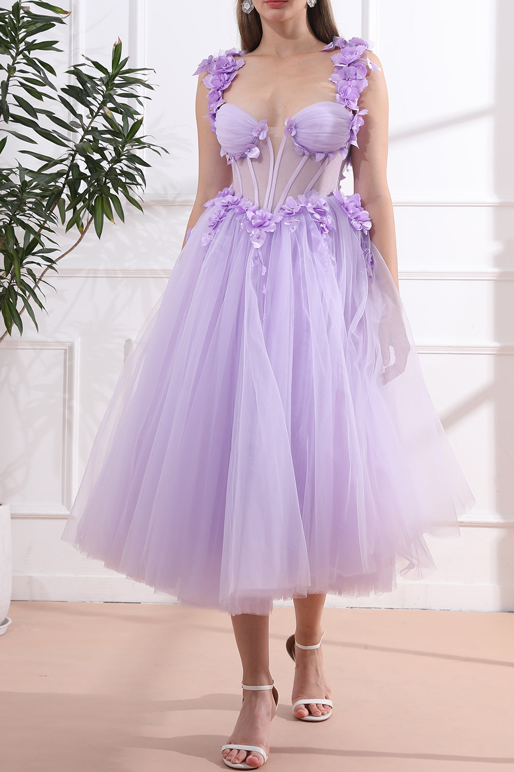 Corset 3D Floral Lavender Dress with Removable Off Shoulders