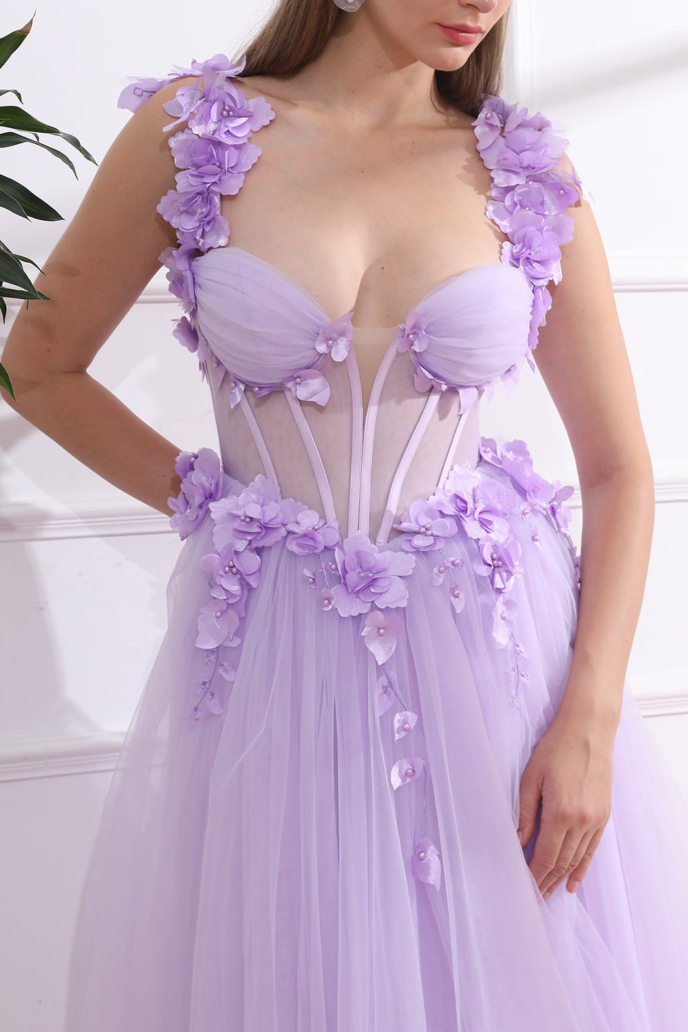 Corset 3D Floral Lavender Dress with Removable Off Shoulders