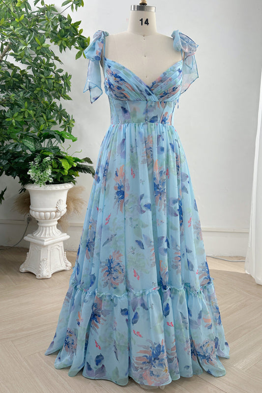 Spaghetti Straps Corset V Neck Floral Chiffon Tiered Dress