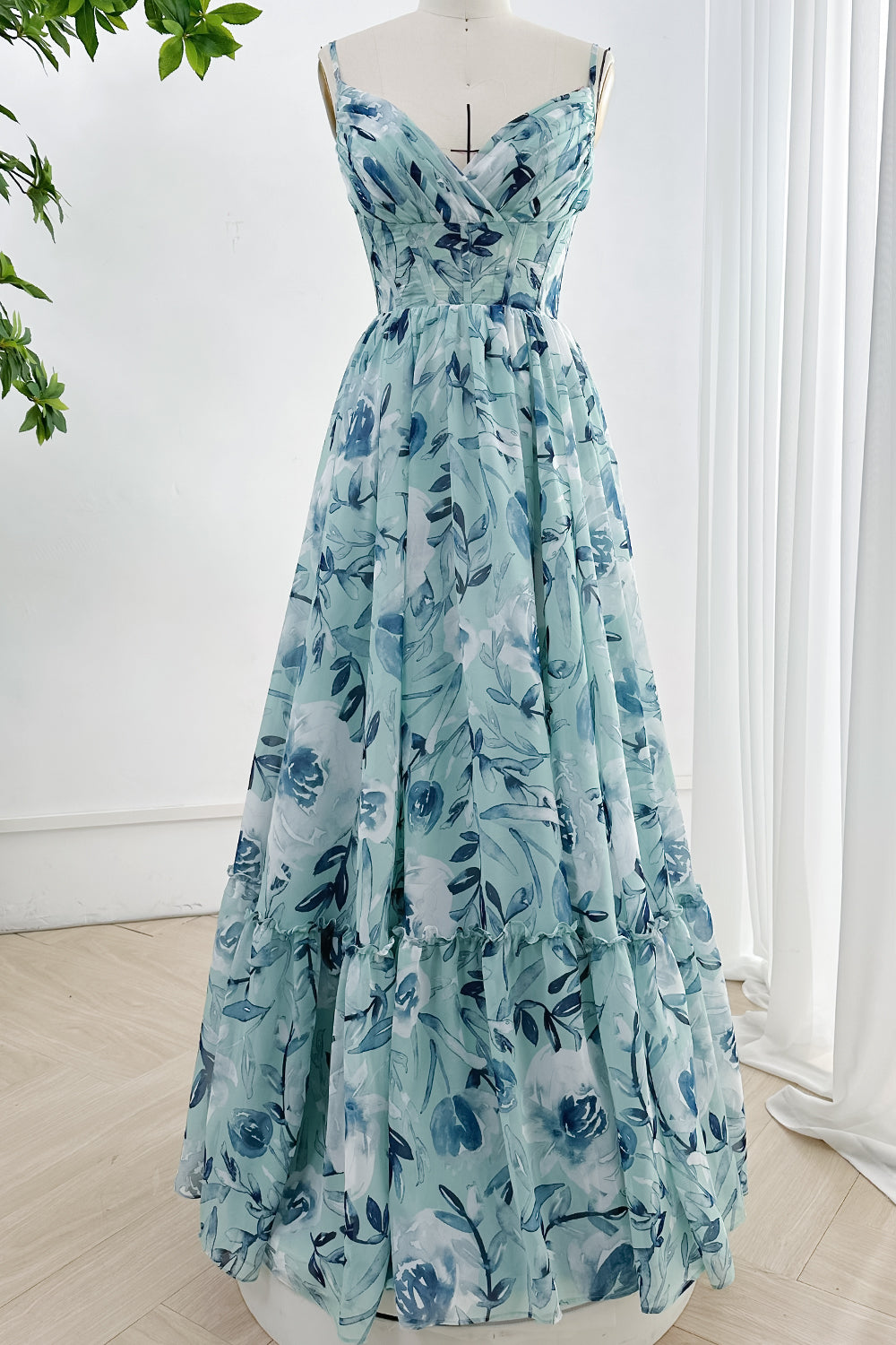 MissJophiel Spaghetti Straps Corset Floral Chiffon Tiered Dress Blue Floral / Above Knee / US10