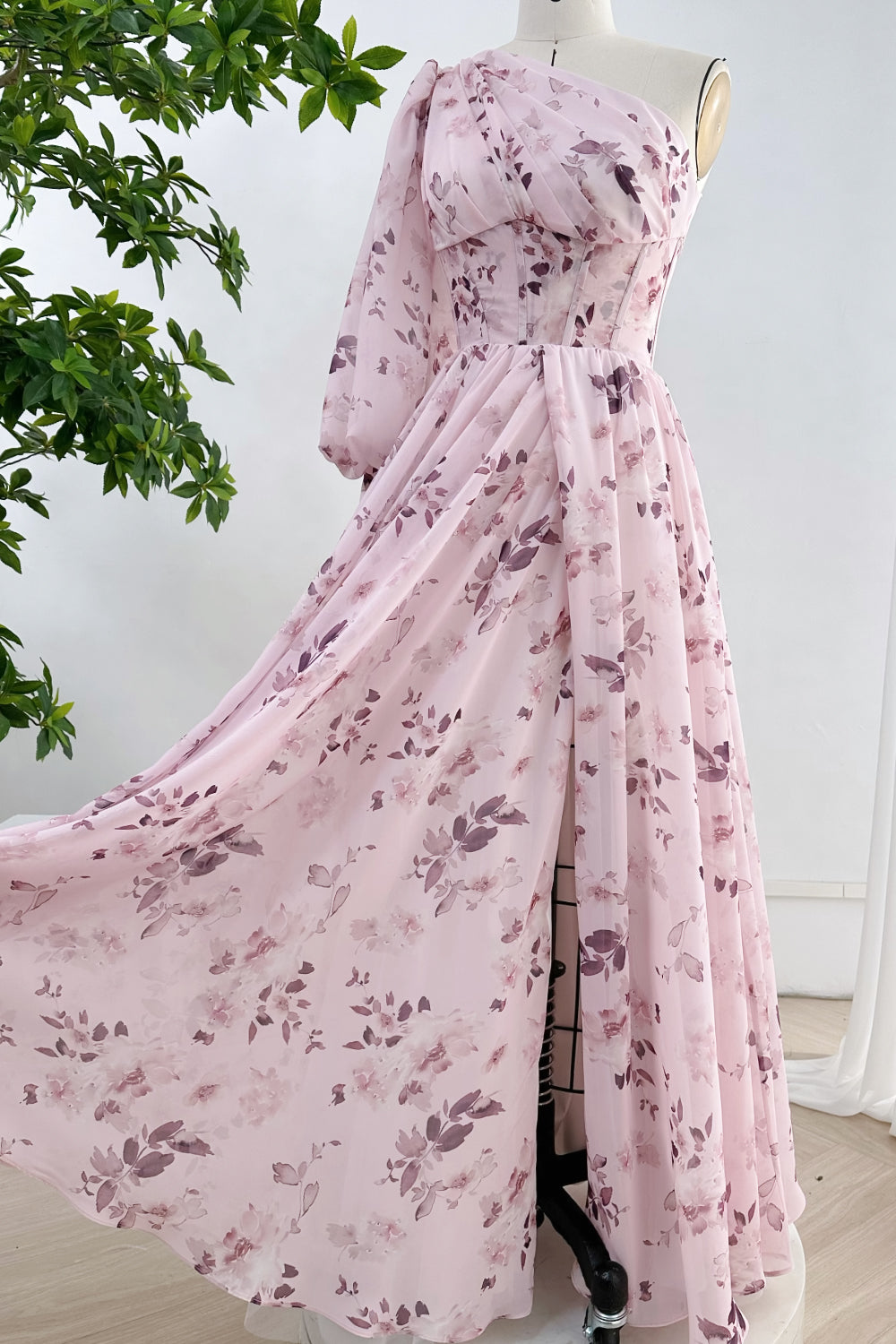 MissJophiel One Shoulder Long Sleeves Floral Print Chiffon Dress with Side Slit Pink Floral Print / Tea Length / Custom Size MissJophiel One Shoulder Long Sleeves Floral Print Chiffon Dress with Side Slit Pink Floral Print / Tea Length / Custom Size