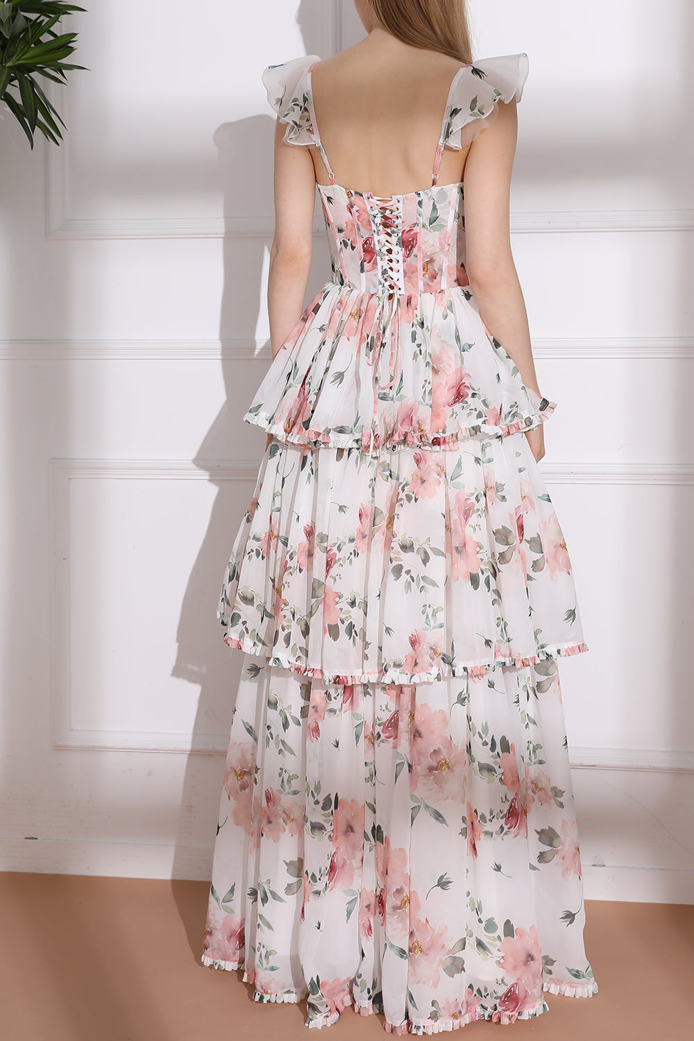 Straps Corset Floral Print Chiffon Tiered Dress