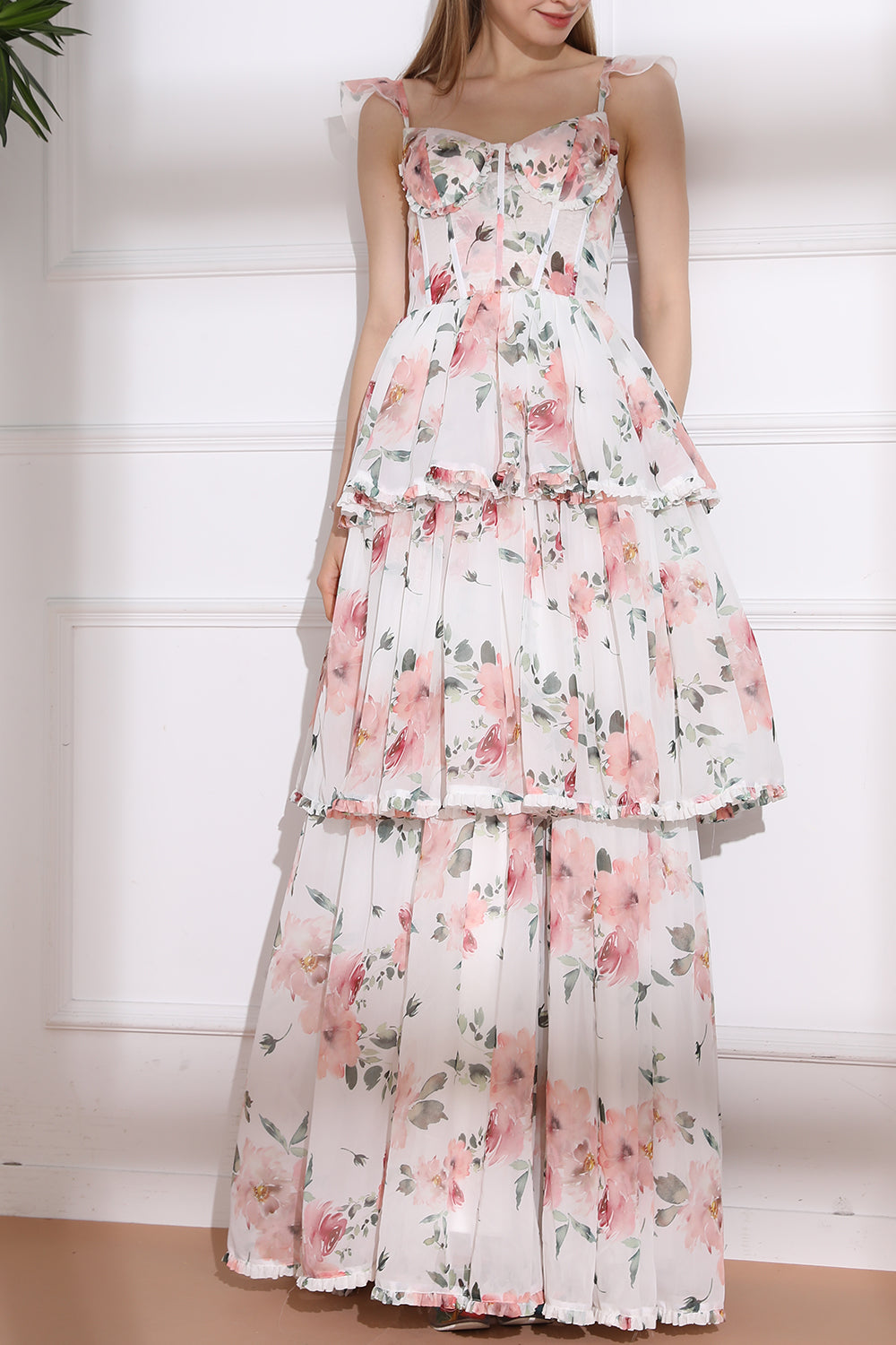MissJophiel Straps Corset Floral Print Chiffon Tiered Dress