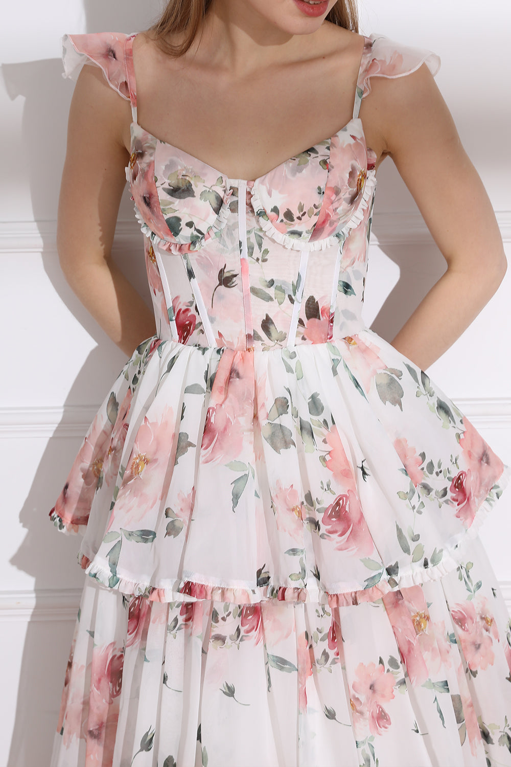 MissJophiel Straps Corset Floral Print Chiffon Tiered Dress