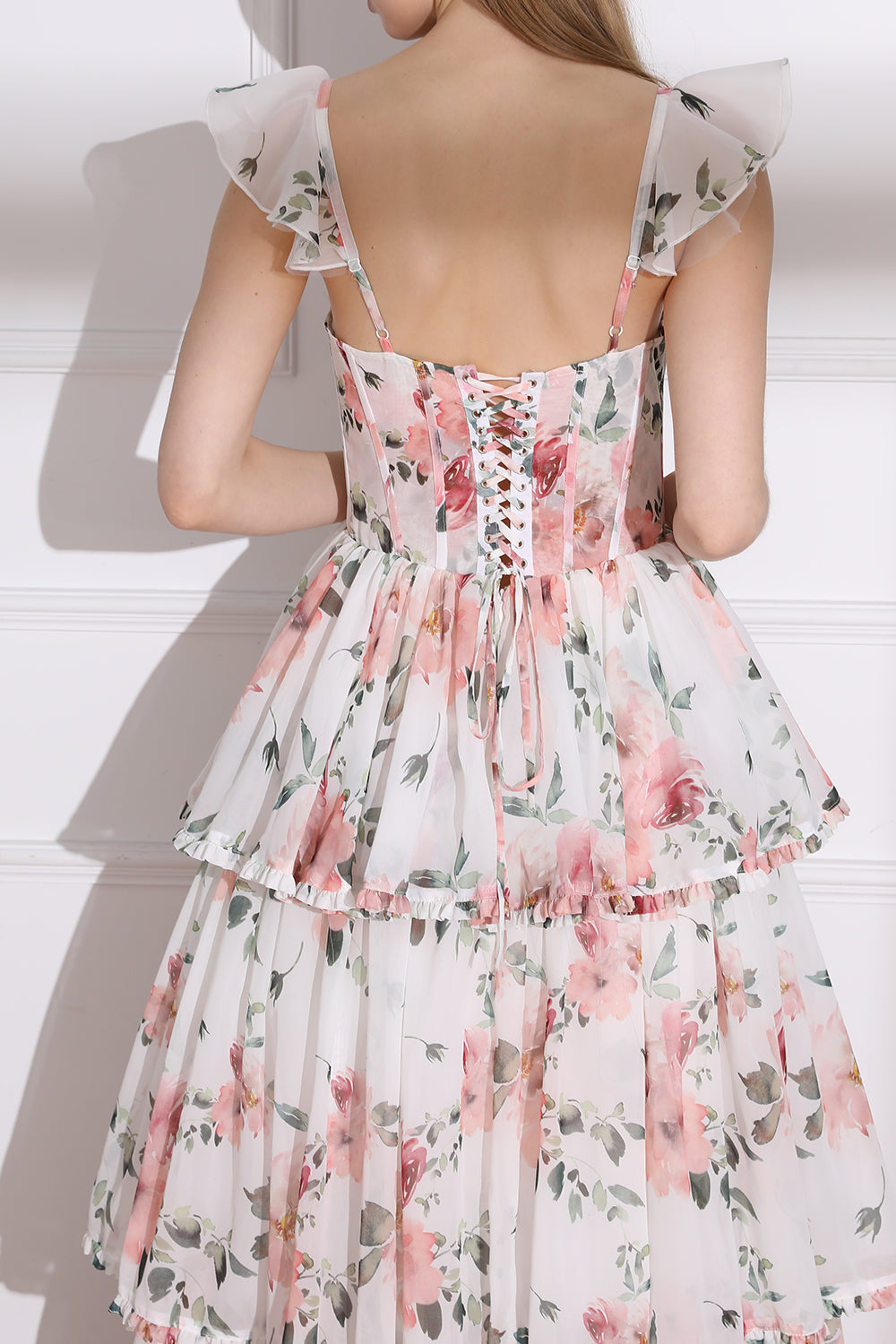 Straps Corset Floral Print Chiffon Tiered Dress