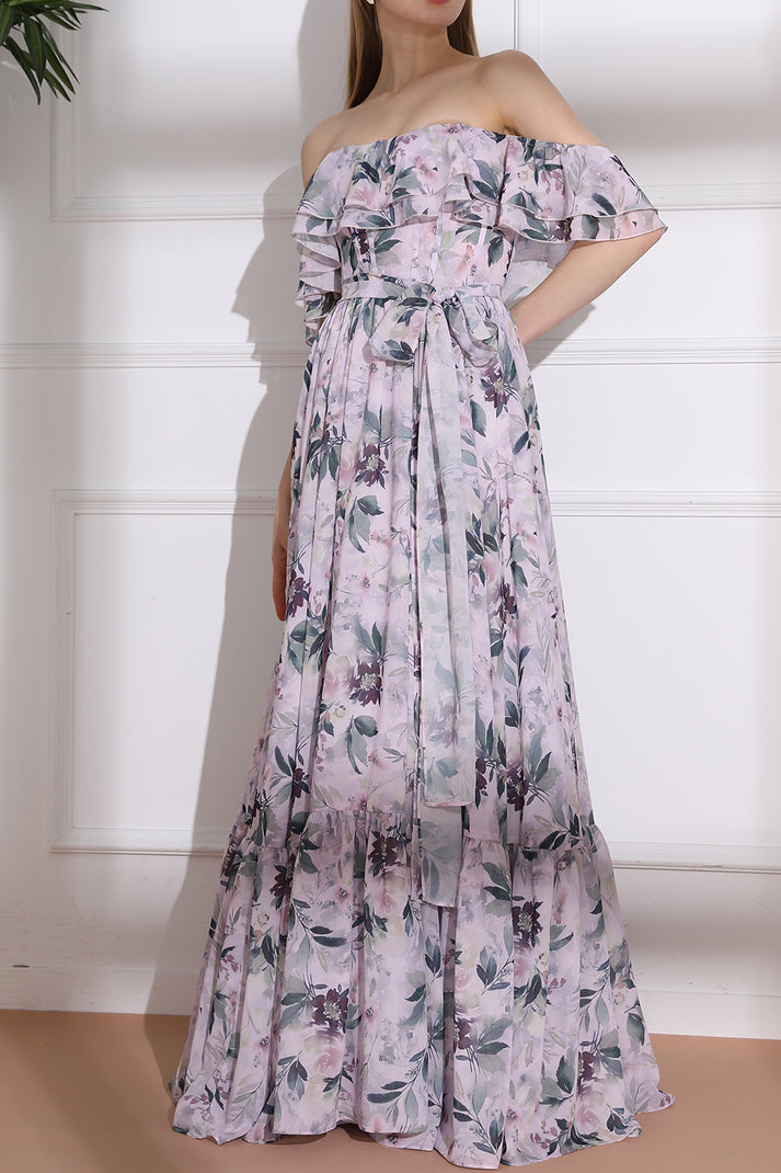 MissJophiel Off the Shoulder Corset Floral Print Chiffon Tiered Dress