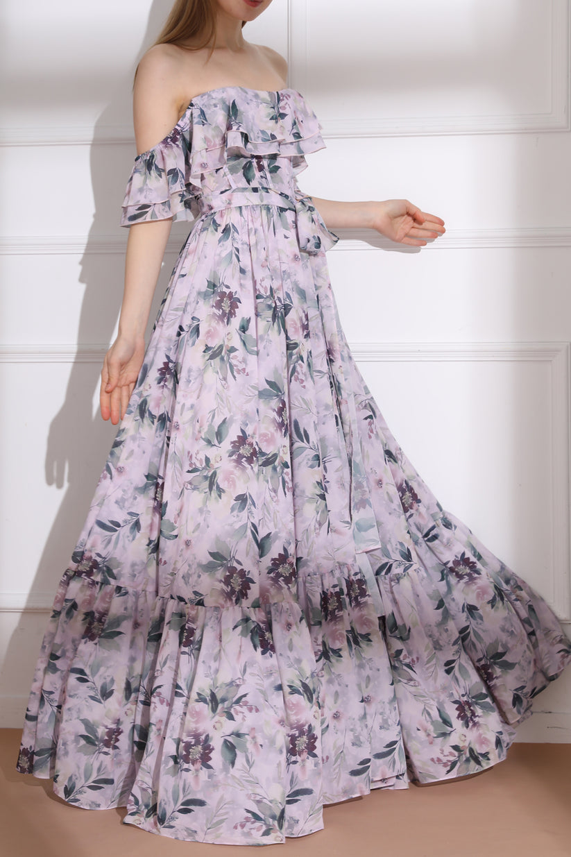 MissJophiel Off the Shoulder Corset Floral Print Chiffon Tiered Dress