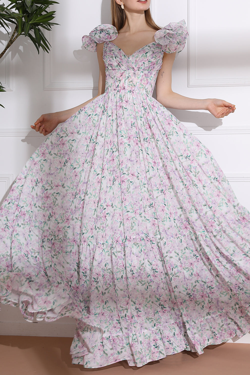 Ruffled Straps Corset Floral Print Chiffon Tiered Dress