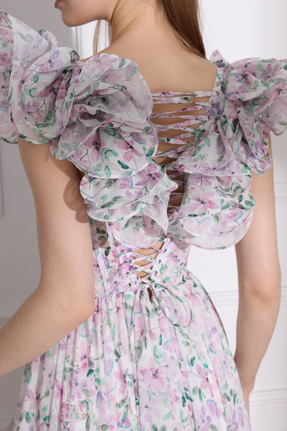 Ruffled Straps Corset Floral Print Chiffon Tiered Dress