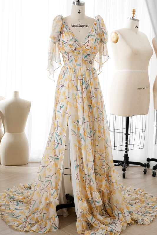 Infinity Corset Floral Print Chiffon Long Dress with Slit