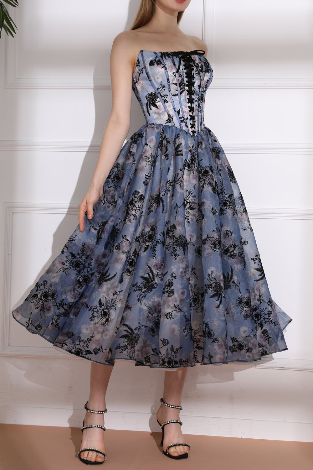 Strapless Corset with Lace Up Floral Print Midi Dress