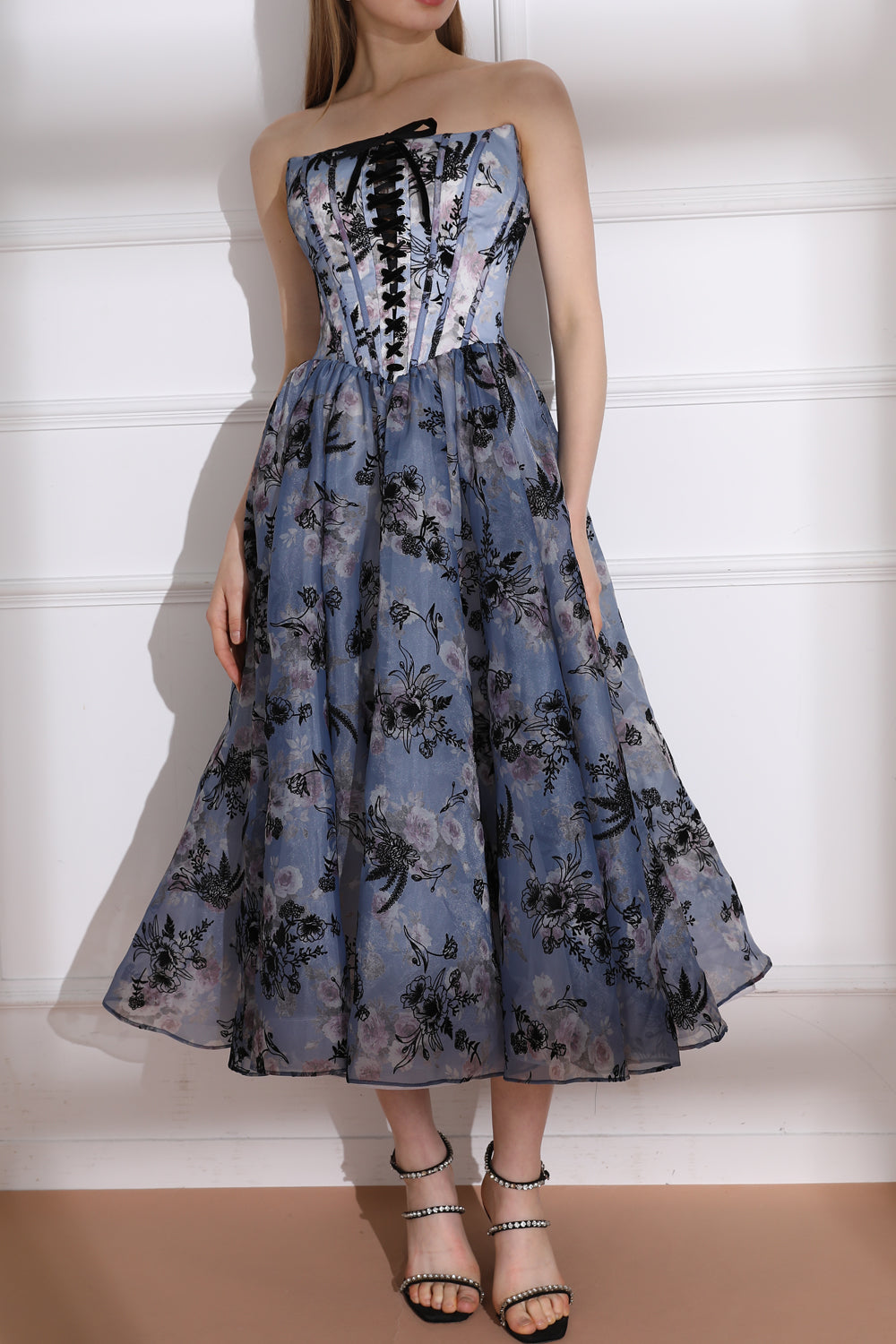 MissJophiel Strapless Corset with Lace Up Floral Print Midi Dress Steel Blue Floral / Floor Length / US10 MissJophiel Strapless Corset with Lace Up Floral Print Midi Dress Steel Blue Floral / Floor Length / US10