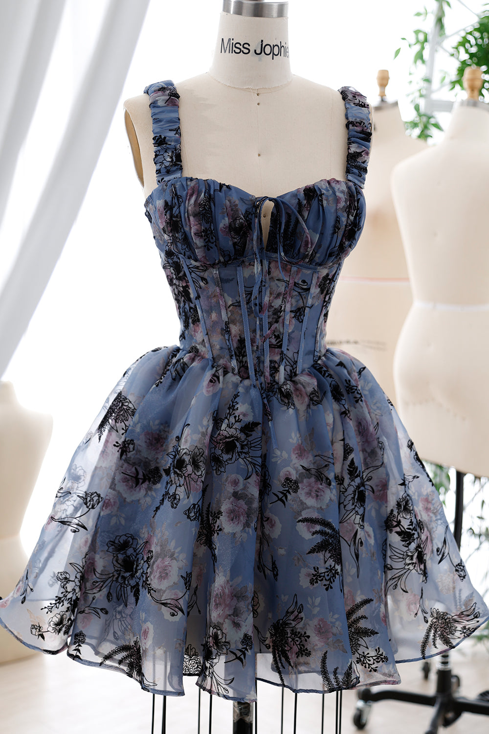 MissJophiel Straps Corset Floral Print Organza Midi Dress Steel Blue Floral / Above Knee / US2 MissJophiel Straps Corset Floral Print Organza Midi Dress Steel Blue Floral / Above Knee / US2