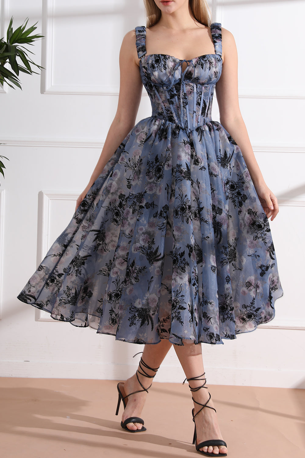 MissJophiel Straps Corset Floral Print Organza Midi Dress Steel Blue Floral / Above Knee / US2