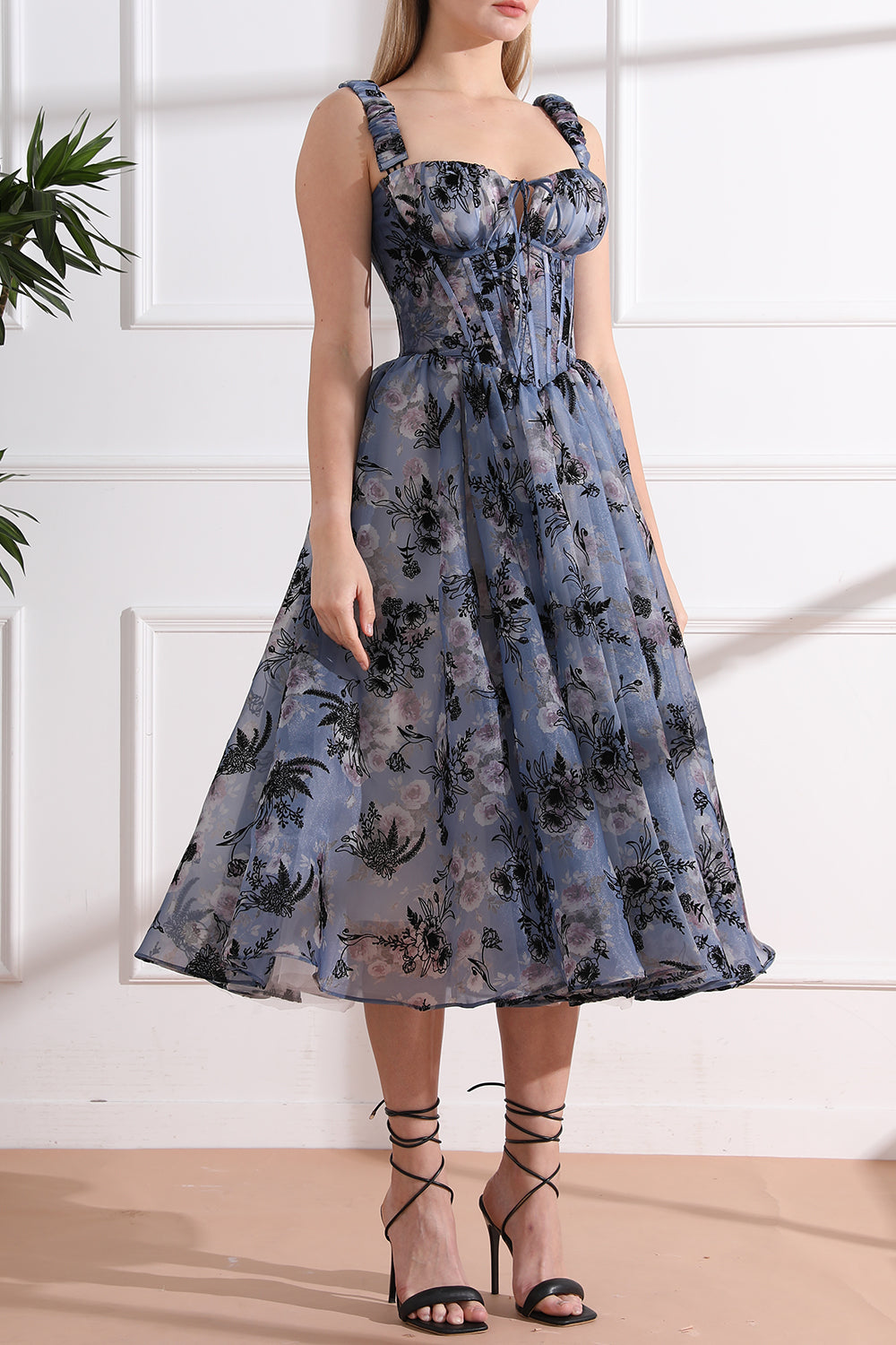 topshop floral corset midi dress Hope & Ivy a-line strappy corset midi dress in white polka-dot floral