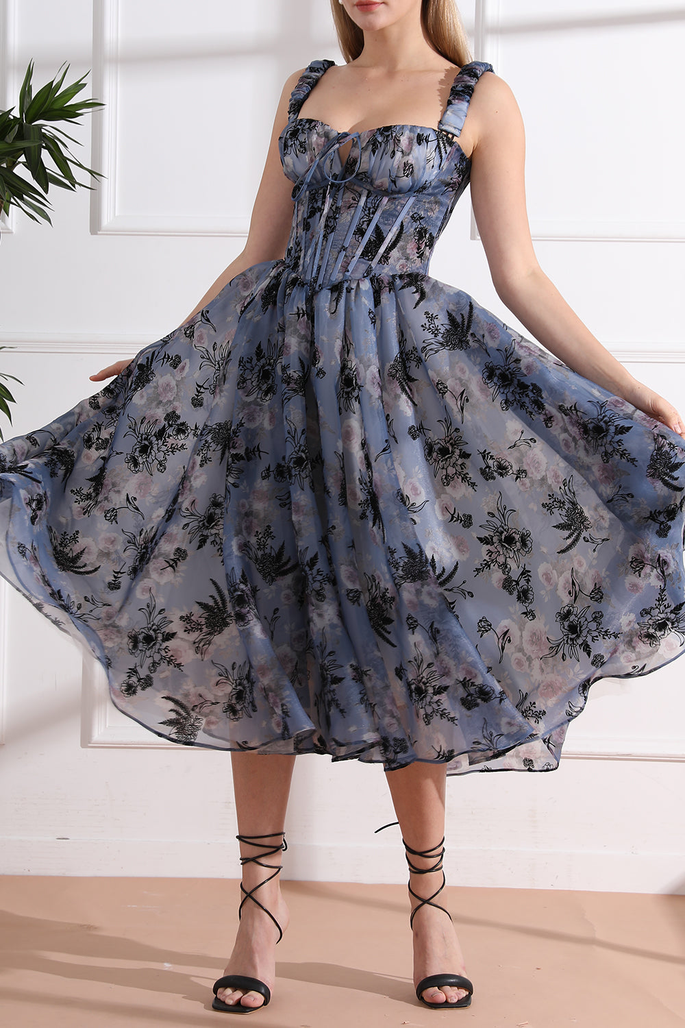 MissJophiel Straps Corset Floral Print Organza Midi Dress Steel Blue Floral / Above Knee / US2