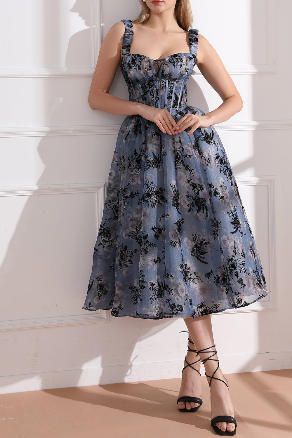 MissJophiel Straps Corset Floral Print Organza Midi Dress