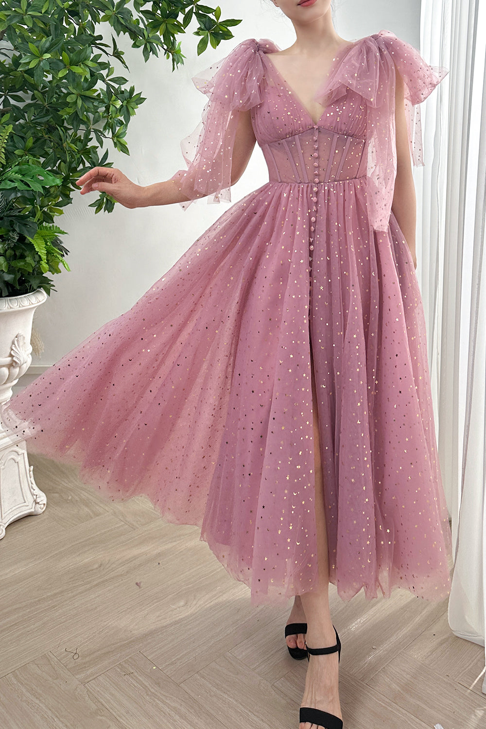 Infinity Corset Star Tulle Midi Dress with Mid Slit