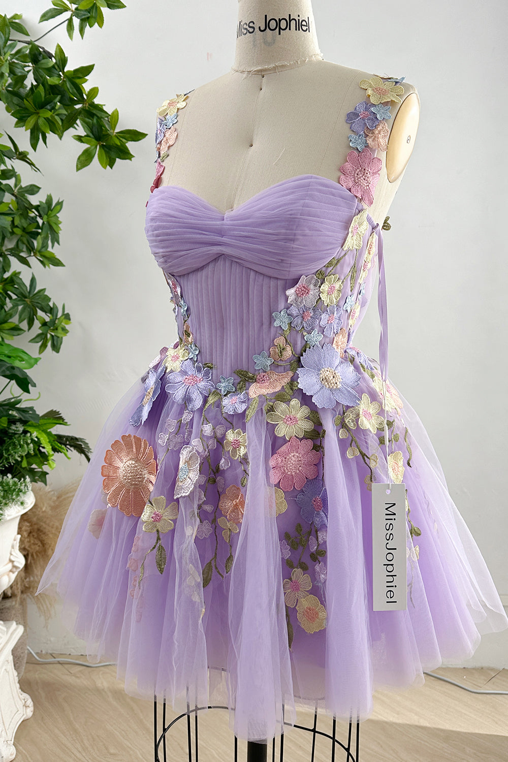 Lavender Embroidery Floral Corset Mini Dress with Removable Straps