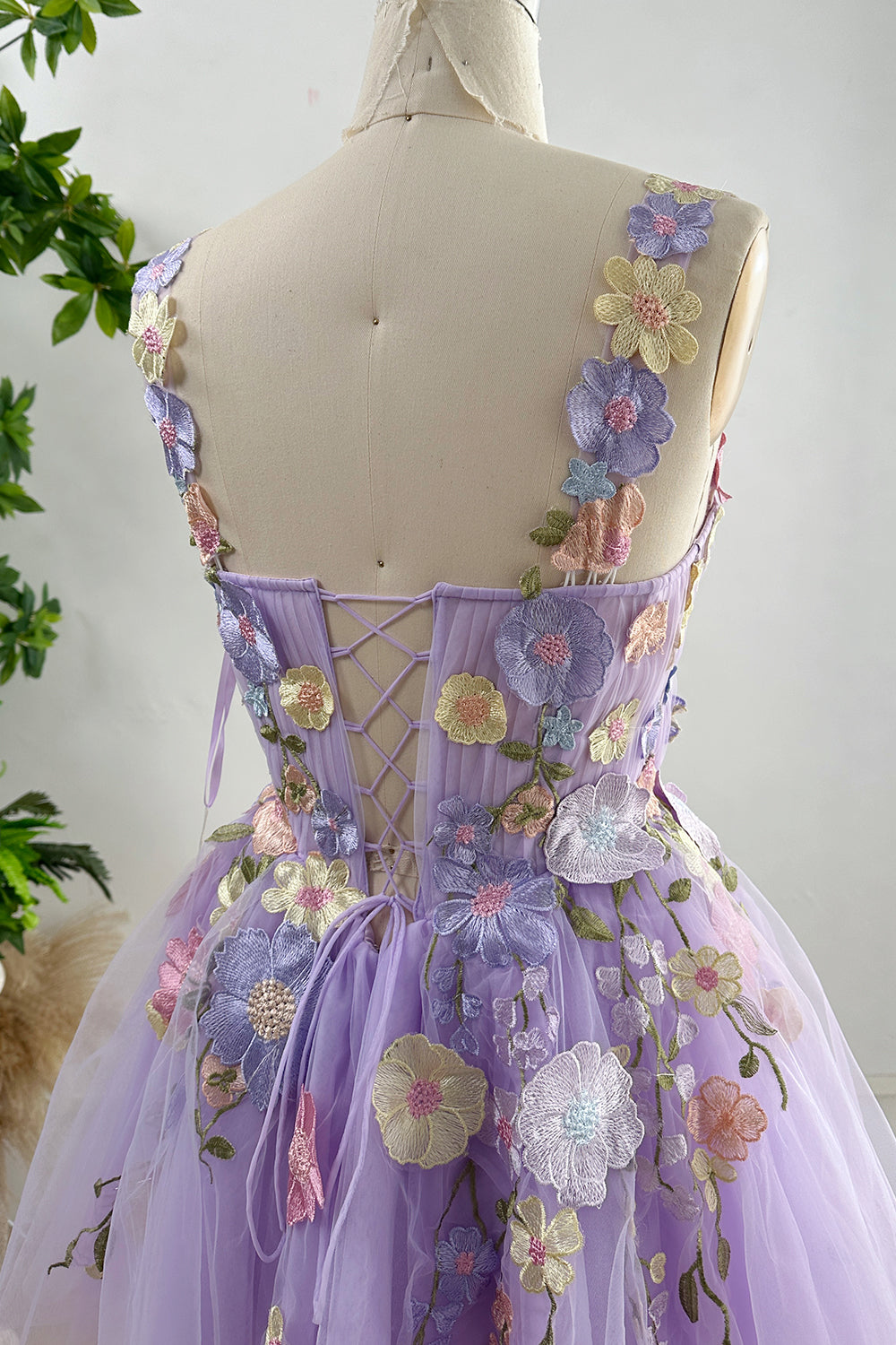 Lavender Embroidery Floral Corset Mini Dress with Removable Straps