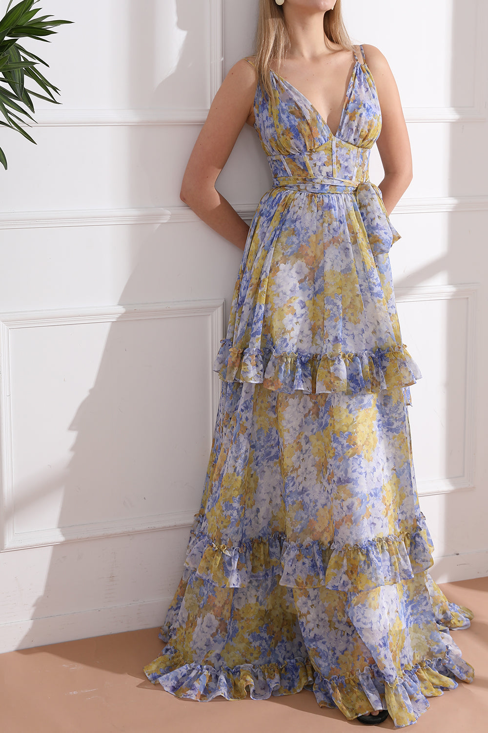 MissJophiel Straps V Neck Corset Tiered Floral Chiffon Long Dress Blue Floral / Above Knee / US2