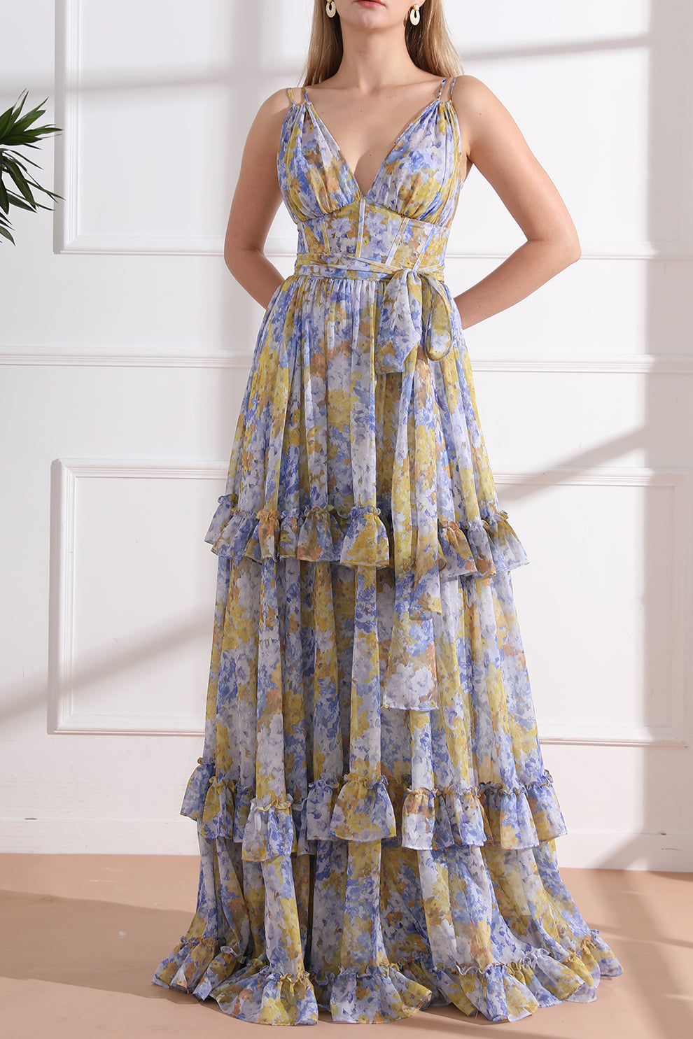 MissJophiel Straps V Neck Corset Tiered Floral Chiffon Long Dress