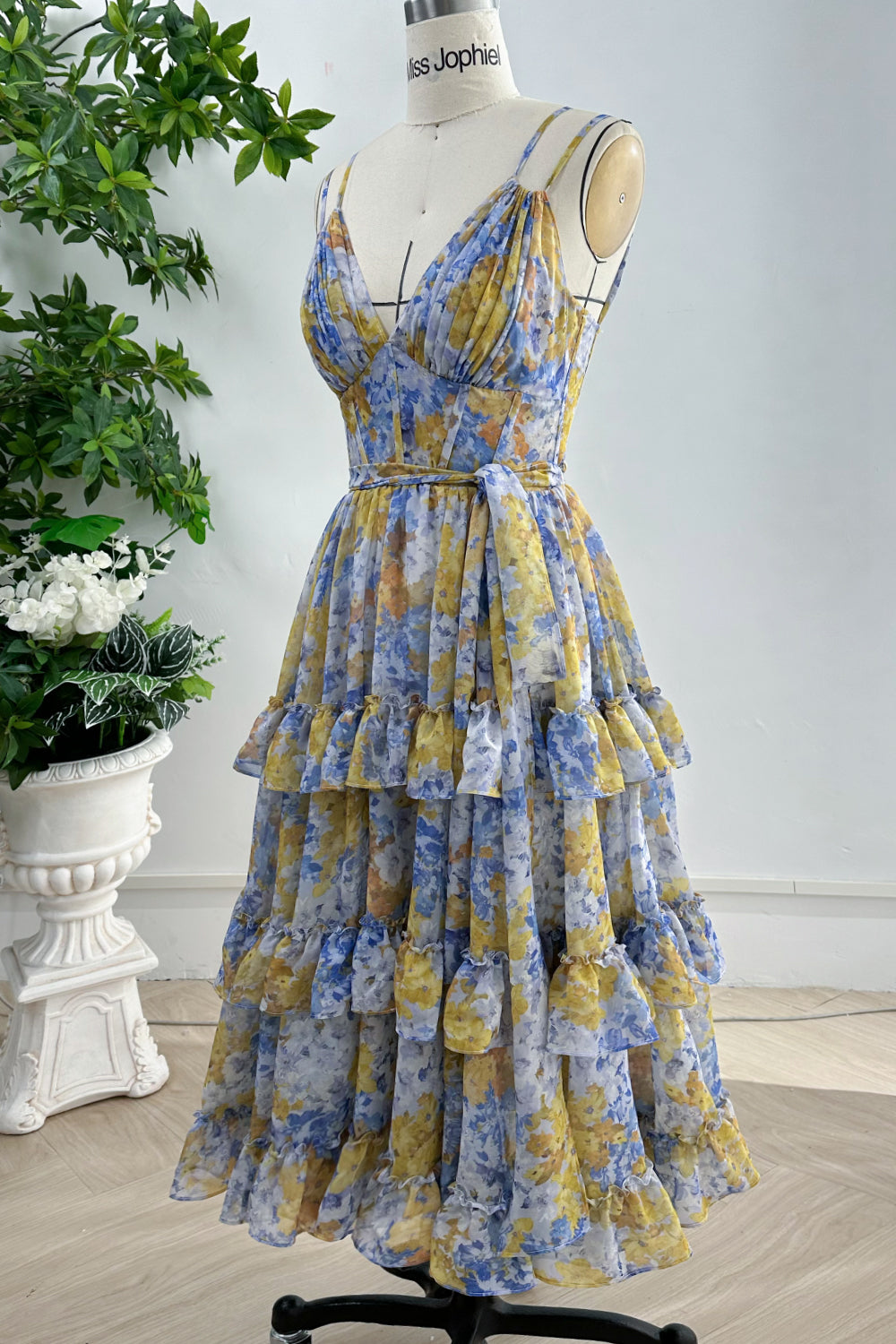 floral tiered chiffon dress Stacees 2026 Azalea Floral Print Ruffle Prom Dress with Pleated Lace Corset