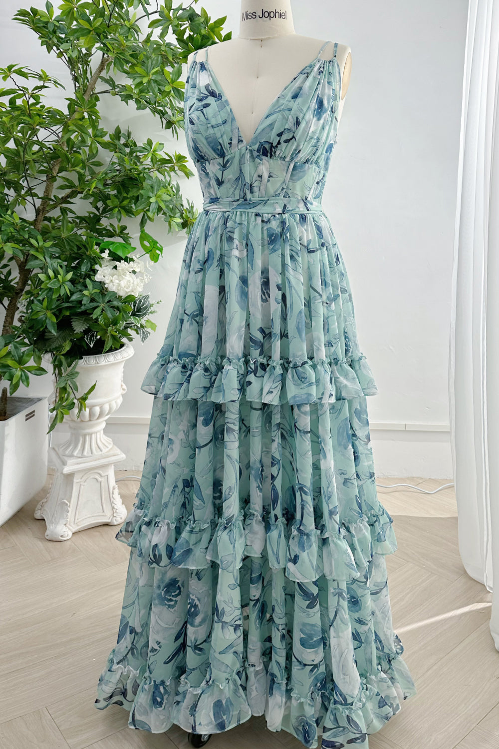 MissJophiel Straps V Neck Corset Tiered Floral Chiffon Long Dress MissJophiel Straps V Neck Corset Tiered Floral Chiffon Long Dress