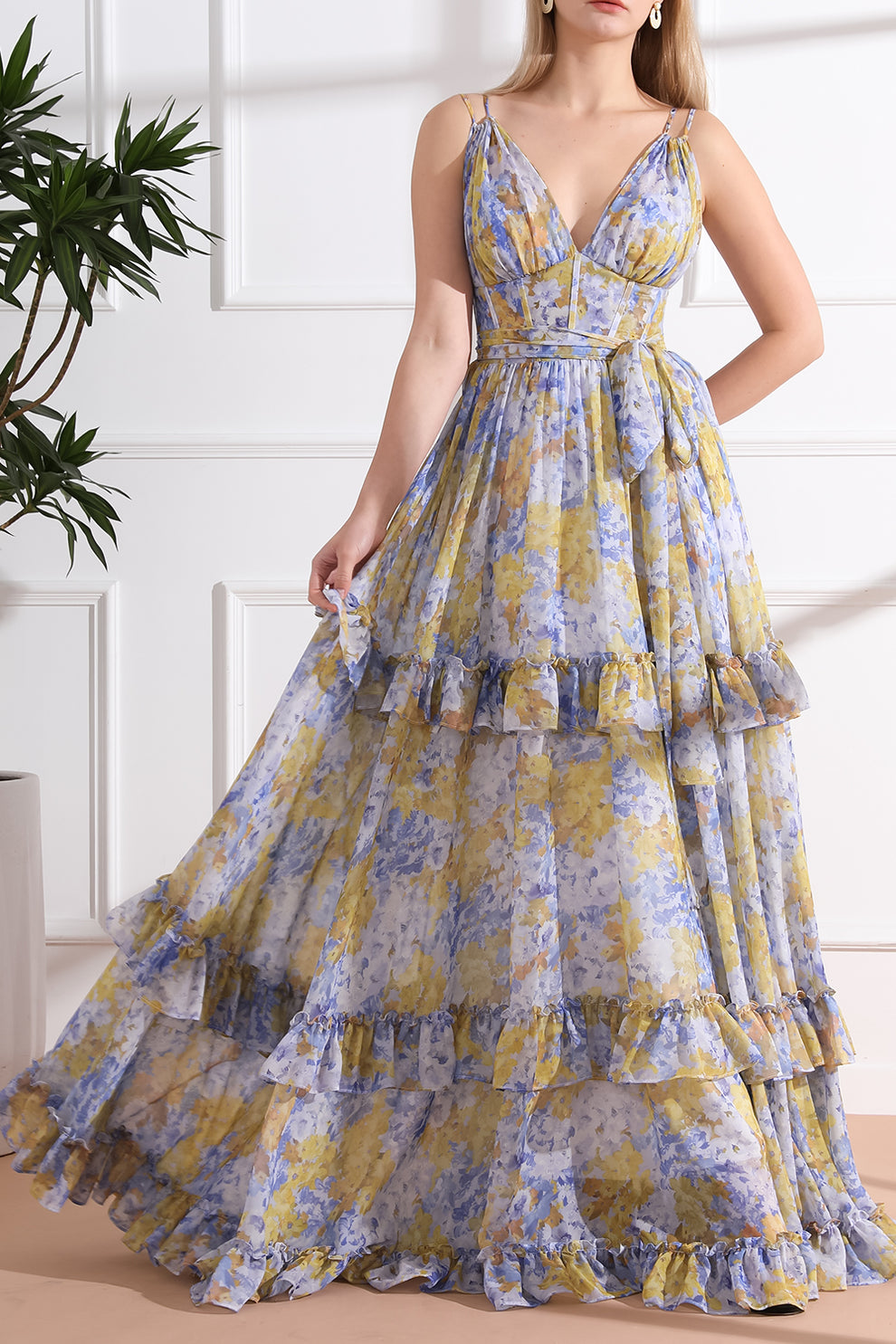 MissJophiel Straps V Neck Corset Tiered Floral Chiffon Long Dress