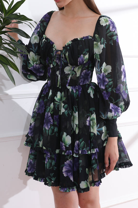 Long Sleeves Sweetheart Corset Black Floral Print Chiffon Tiered Mini Dress