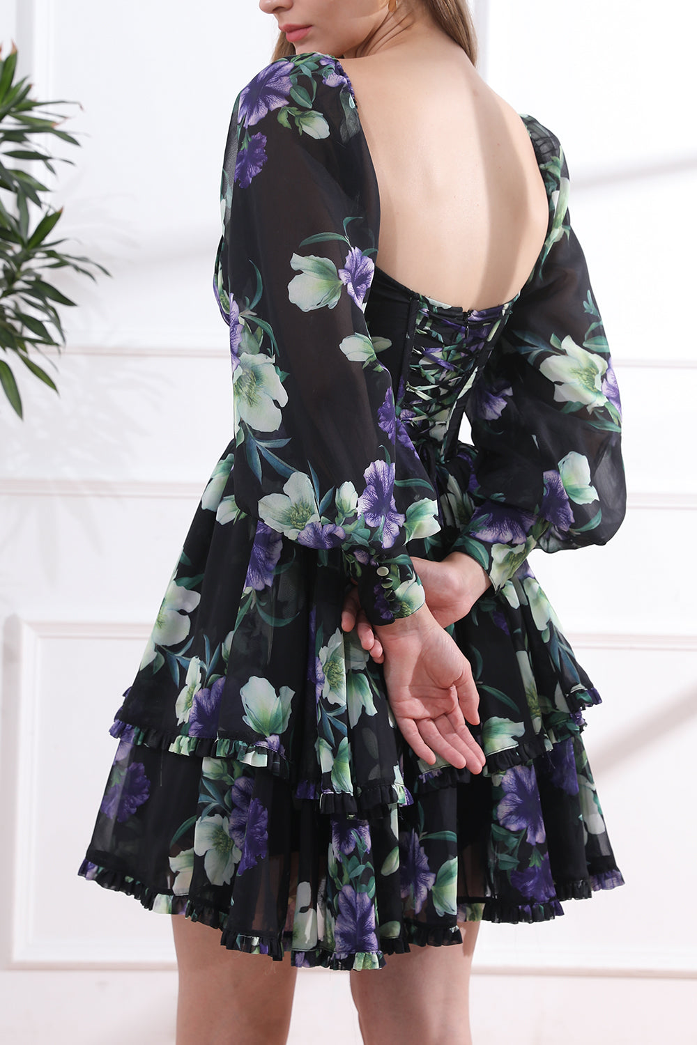 Long Sleeves Sweetheart Corset Black Floral Print Chiffon Tiered Mini Dress