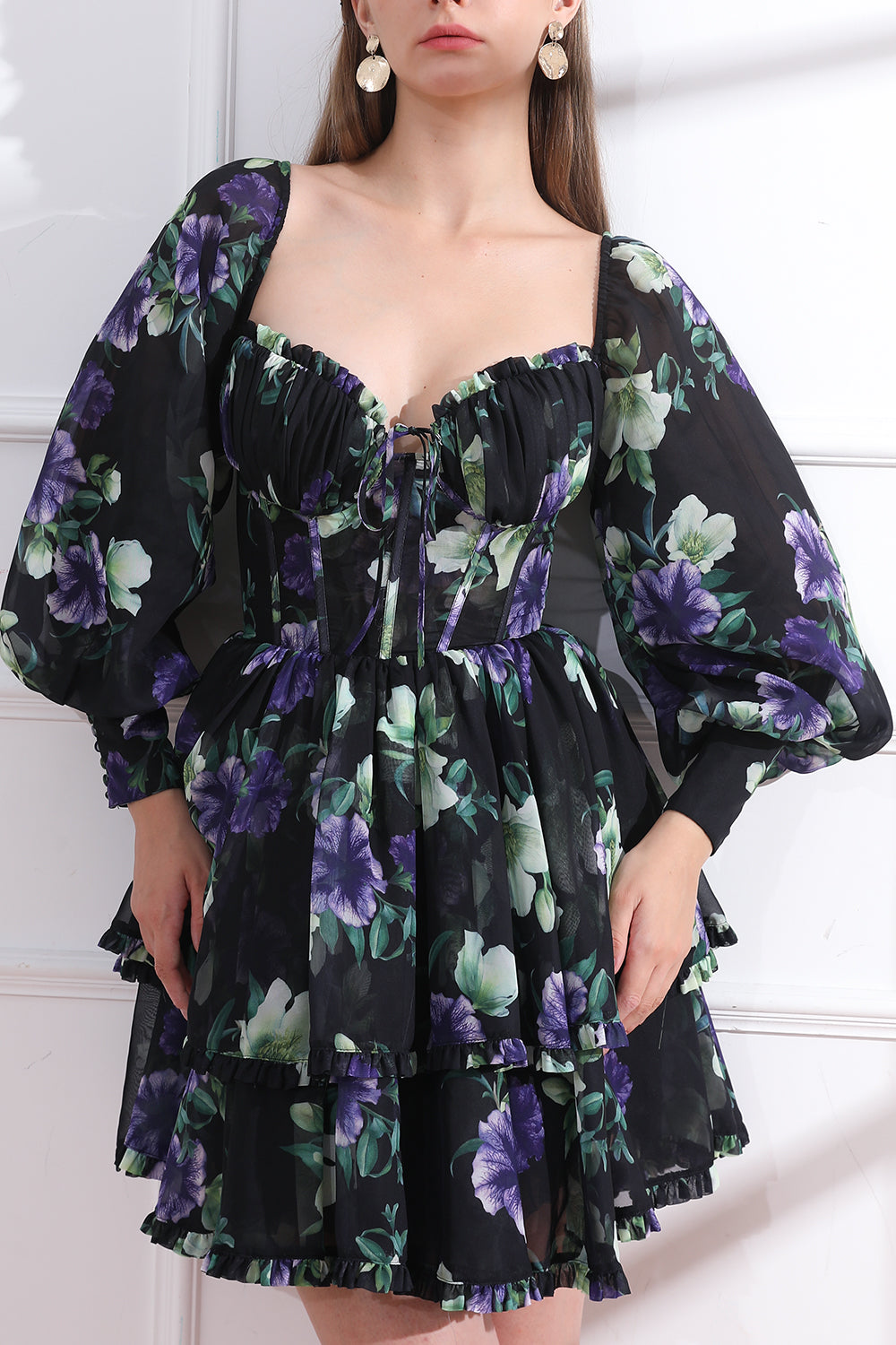 Long Sleeves Sweetheart Corset Black Floral Print Chiffon Tiered Mini Dress