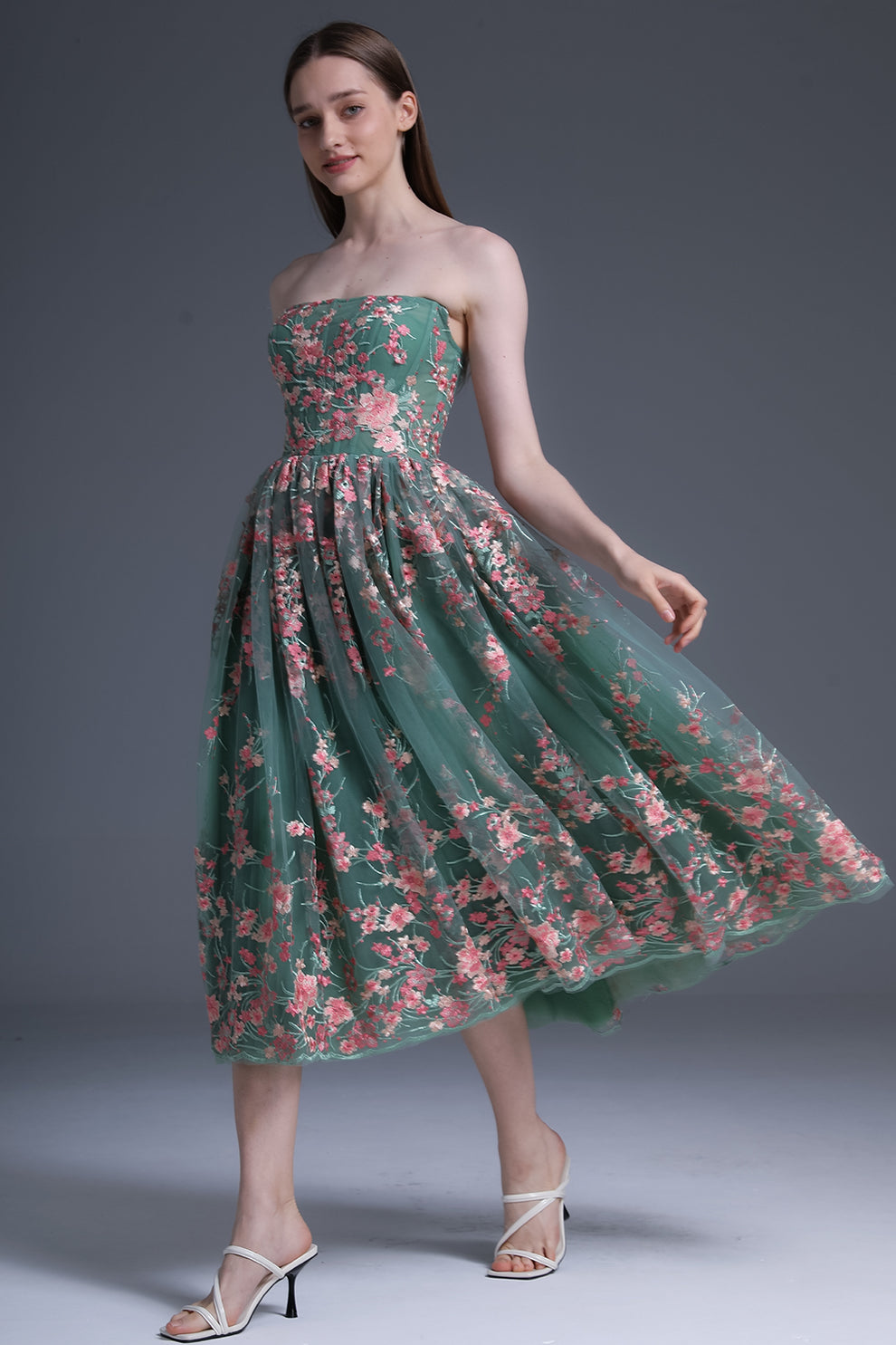 MissJophiel Strapless Embroidery Floral Corset Midi Dress