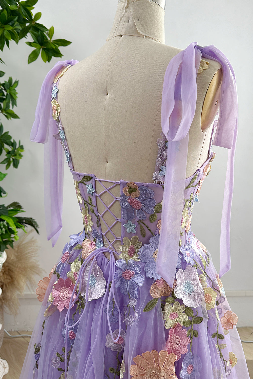 Lavender Embroidery Floral Corset Long Dress with Tie Straps