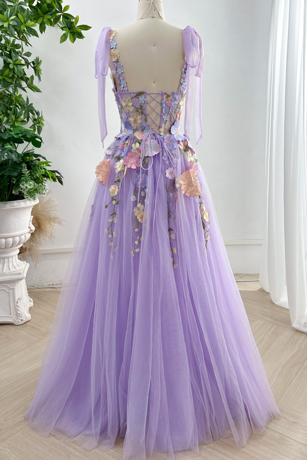 MissJophiel Embroidery Floral Corset Ivory Dress with Removable Tie Straps Lavender Floral / Floor Length / Custom Size / Plus Size