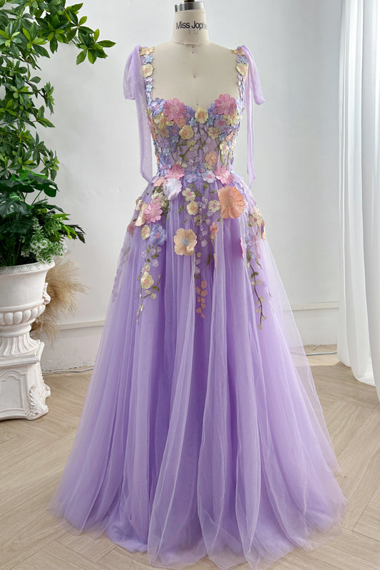 Lavender Embroidery Floral Corset Long Dress with Tie Straps