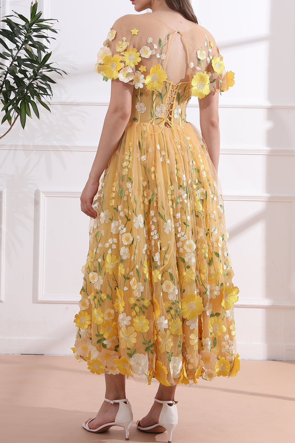 Strapless Floral Corset Yellow Dress with Removable Cape