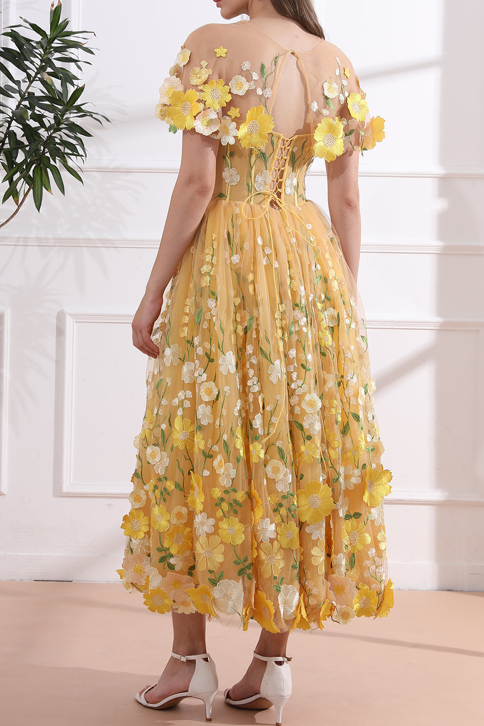 MissJophiel Strapless Floral Corset Yellow Dress with Removable Cape