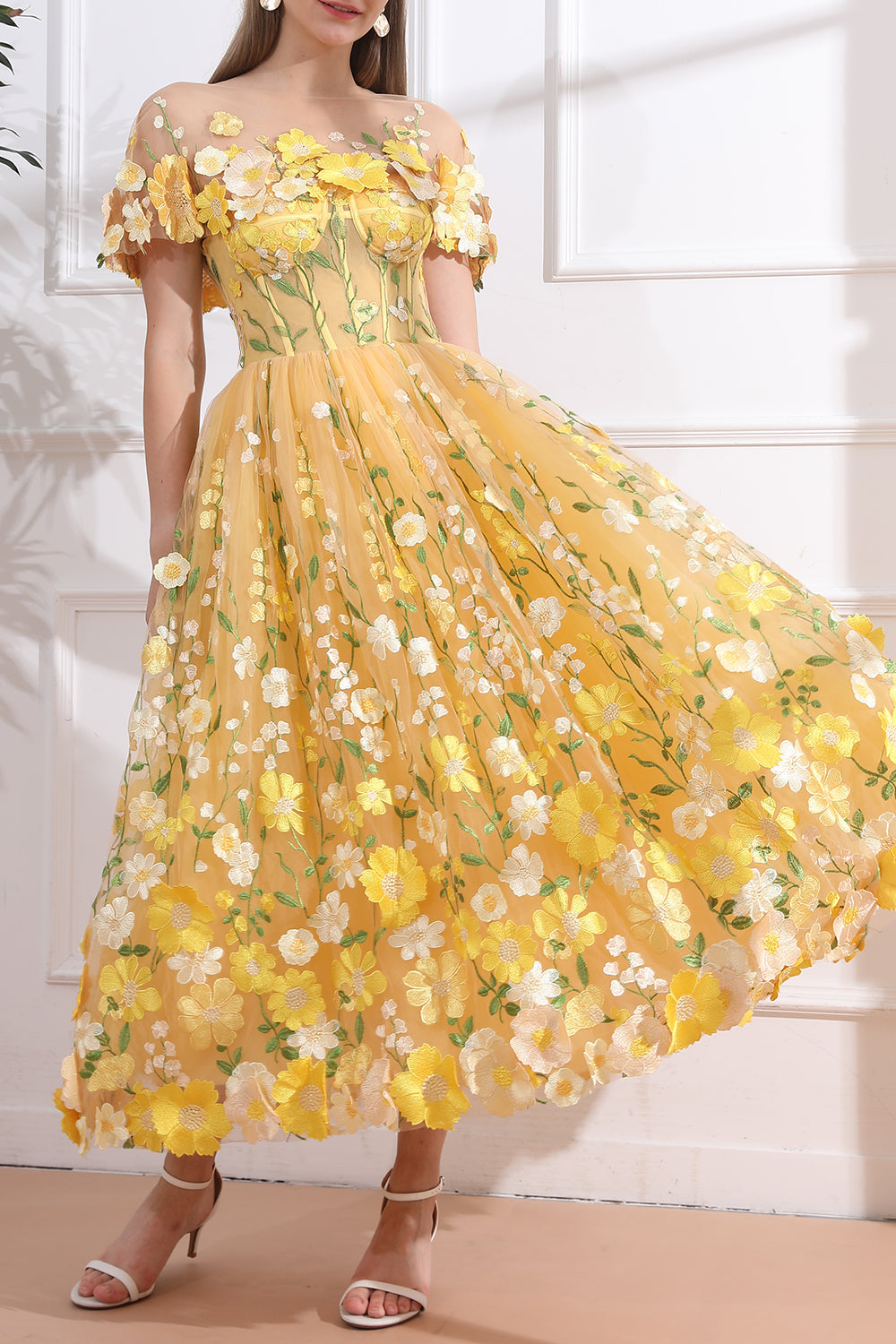 Strapless Floral Corset Yellow Dress with Removable Cape